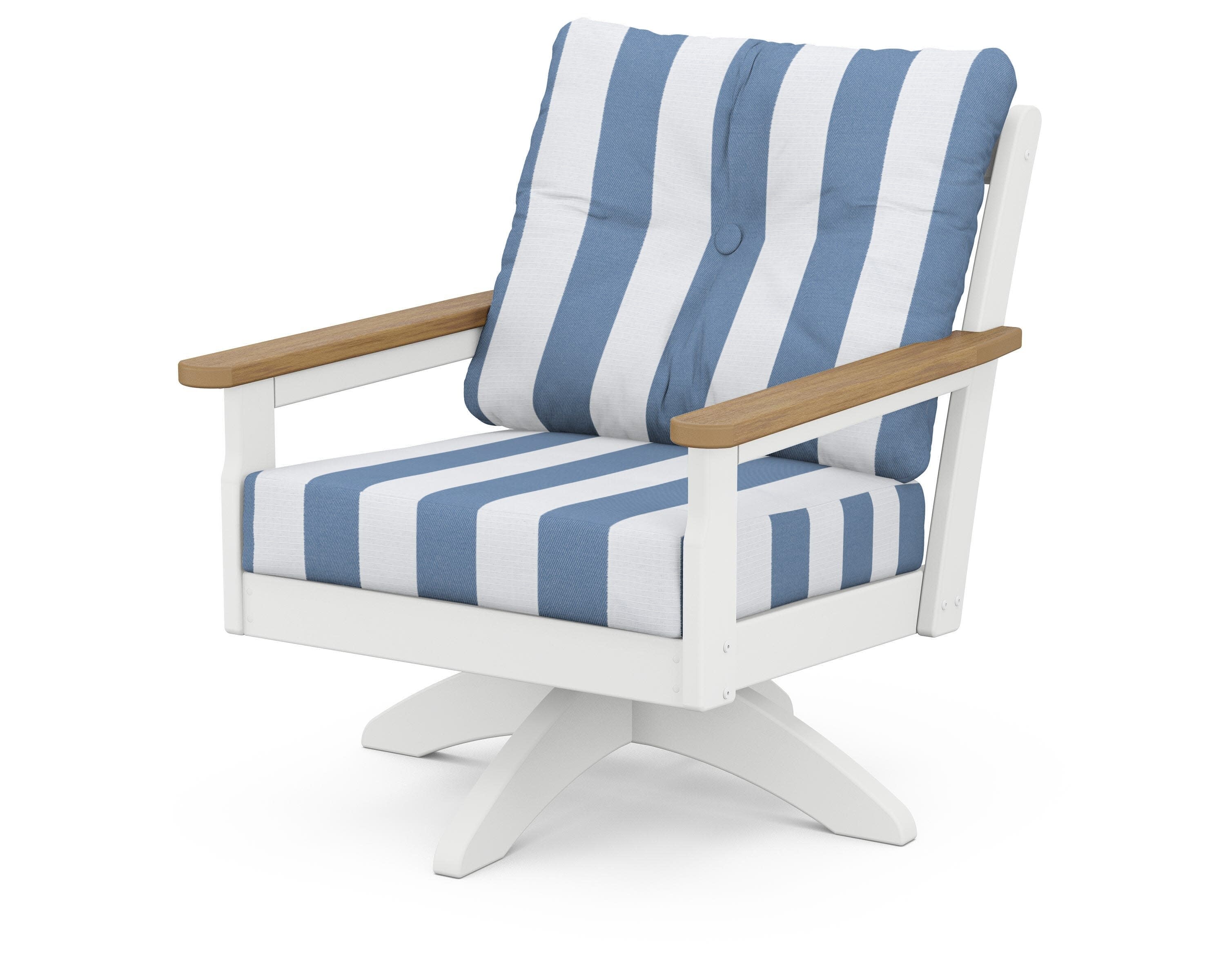 Vineyard Deep Seating Swivel Chair in White / Natural / Cabana Stripe Sky Blue