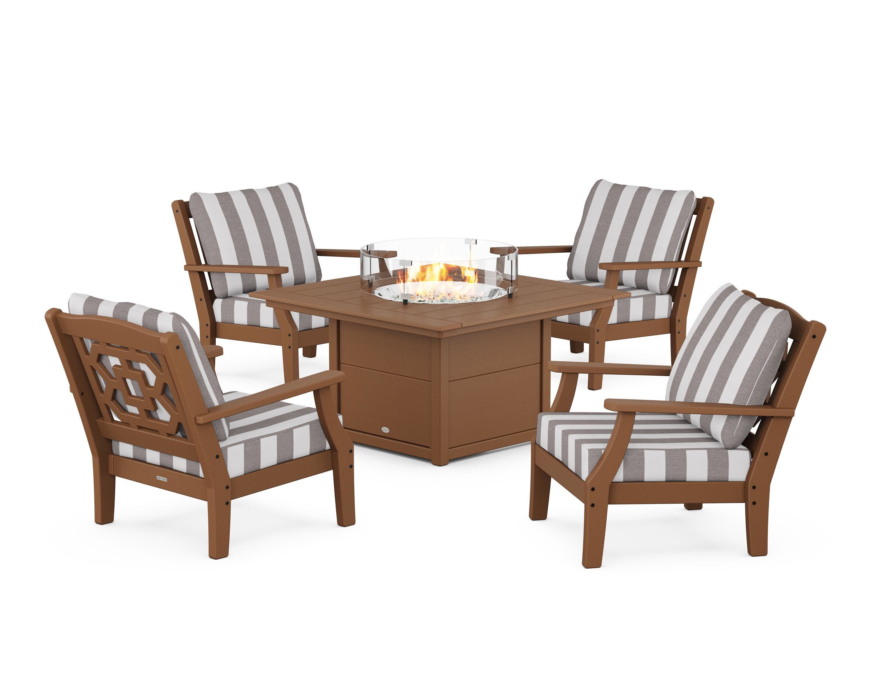 Chinoiserie 5-Piece Deep Seating Set with Fire Pit Table in Teak / Cabana Stripe Grey Mist