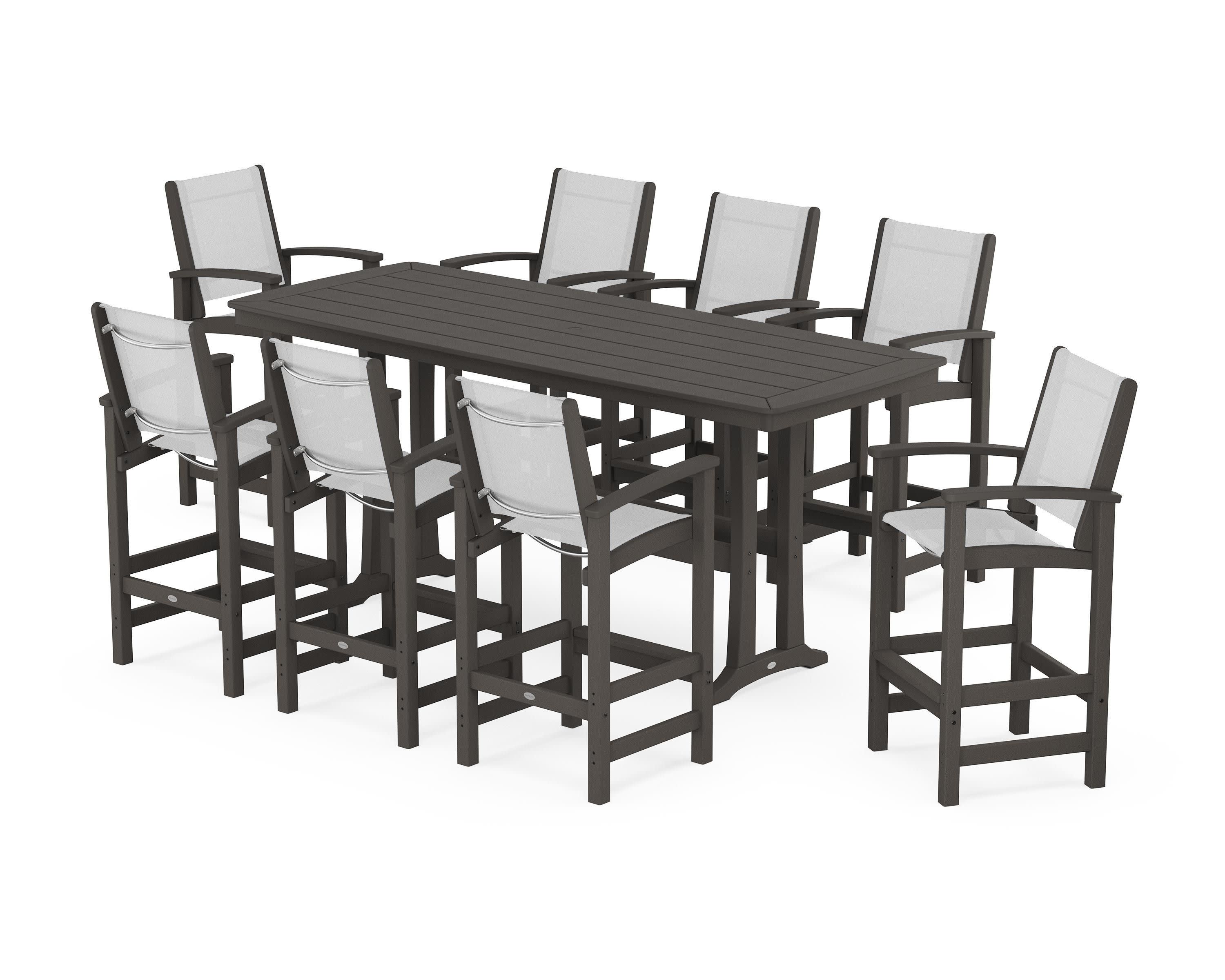 Coastal 9-Piece Bar Set with Trestle Legs in Vintage Coffee / White Sling