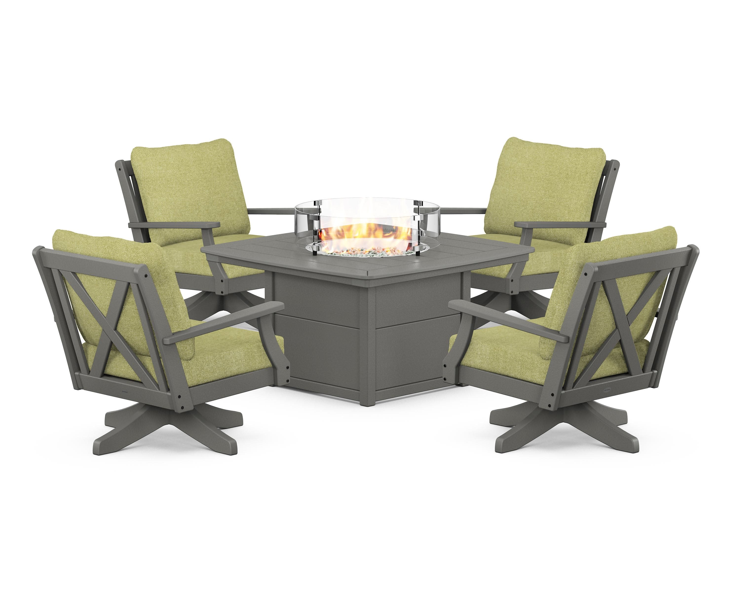 Braxton 5-Piece Deep Seating Swivel Conversation Set with Fire Pit Table in Slate Grey / Chartreuse Boucle