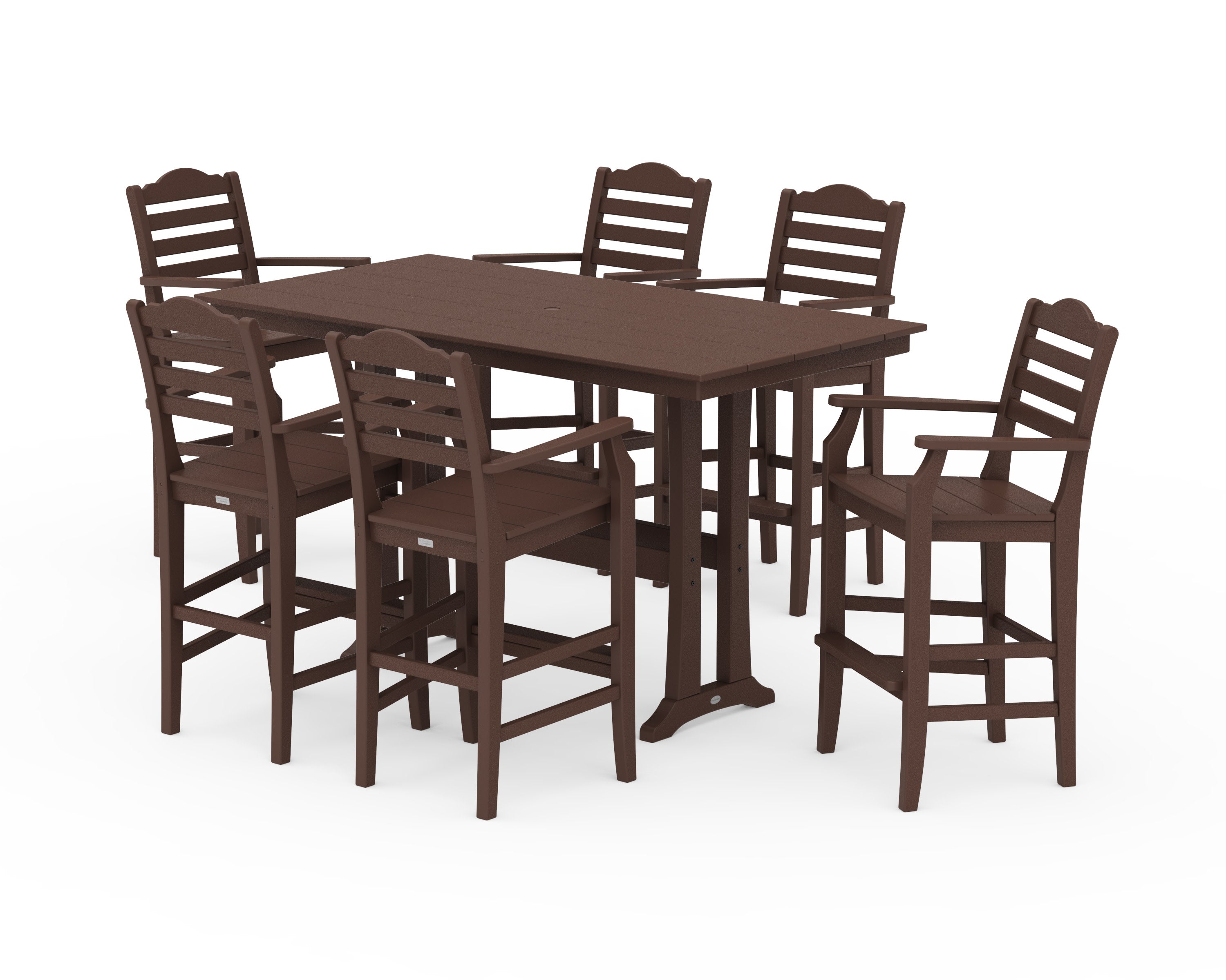 Savannah Arm Chair 7-Piece Farmhouse Bar Set with Trestle Legs in Mahogany
