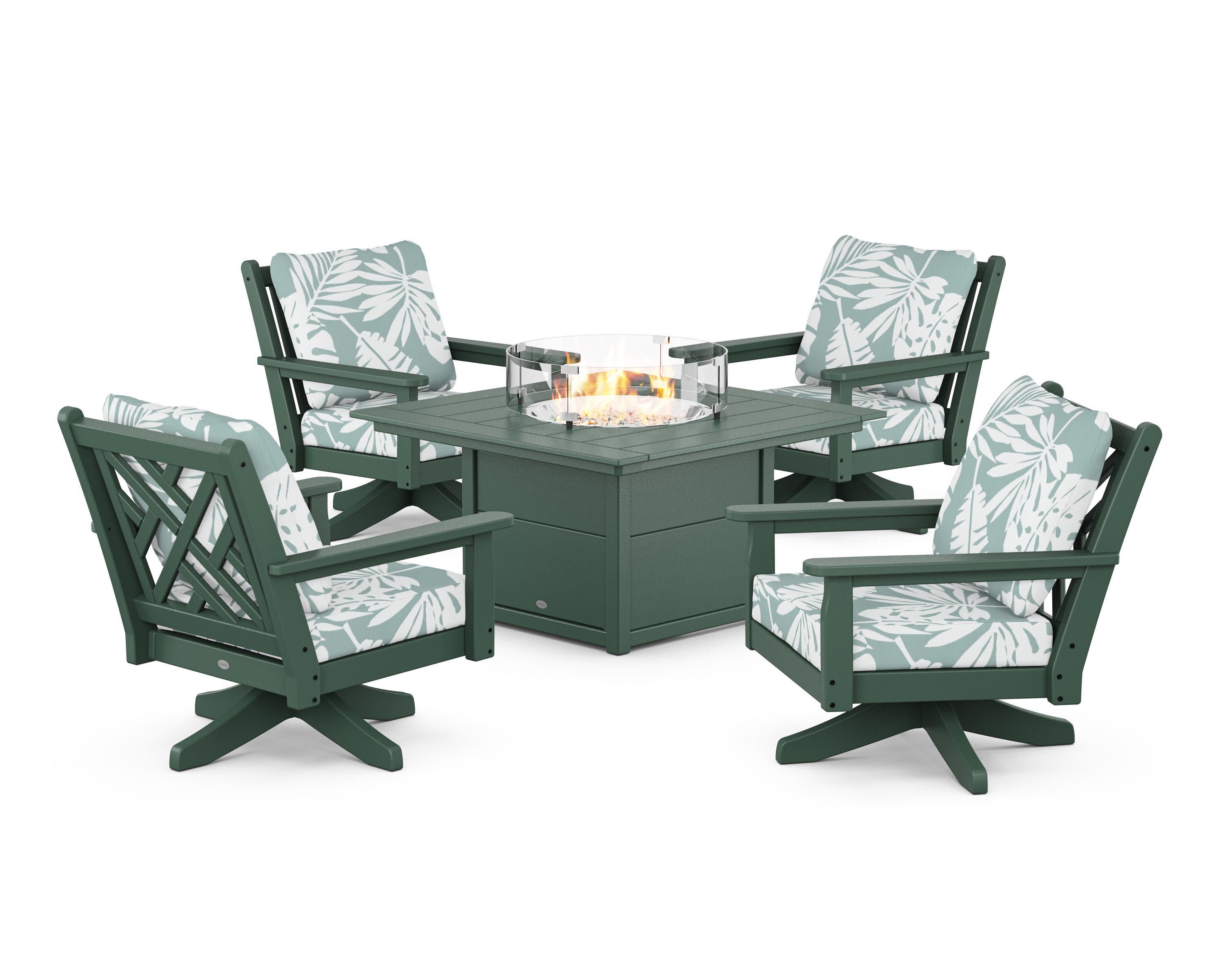 Chippendale 5-Piece Deep Seating Swivel Conversation Set with Fire Pit Table in Green / Leaf Glacier Spa