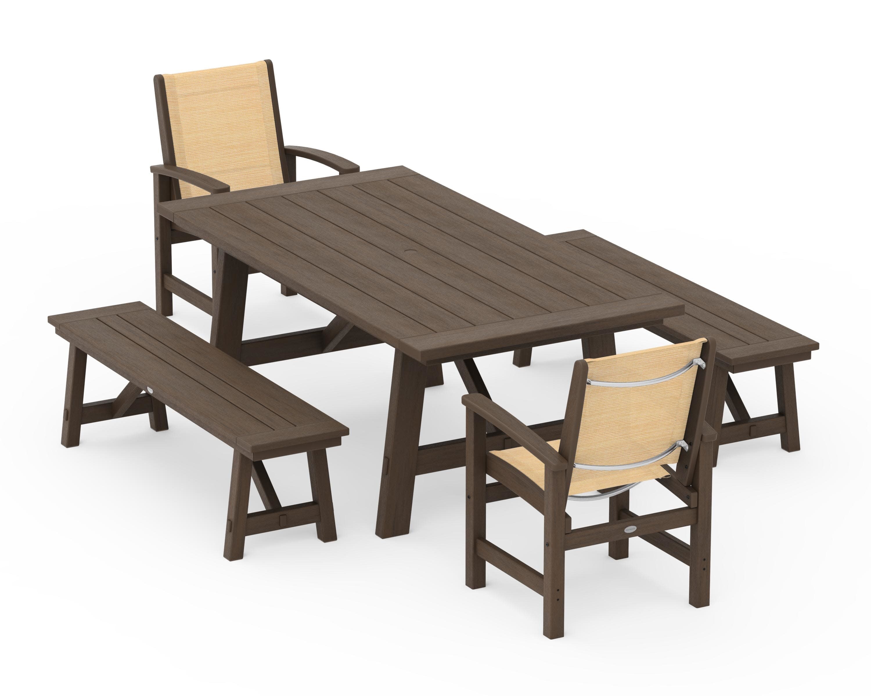 Coastal 5-Piece Rustic Farmhouse Dining Set With Benches in Kona / Dupioni Apricot Sling