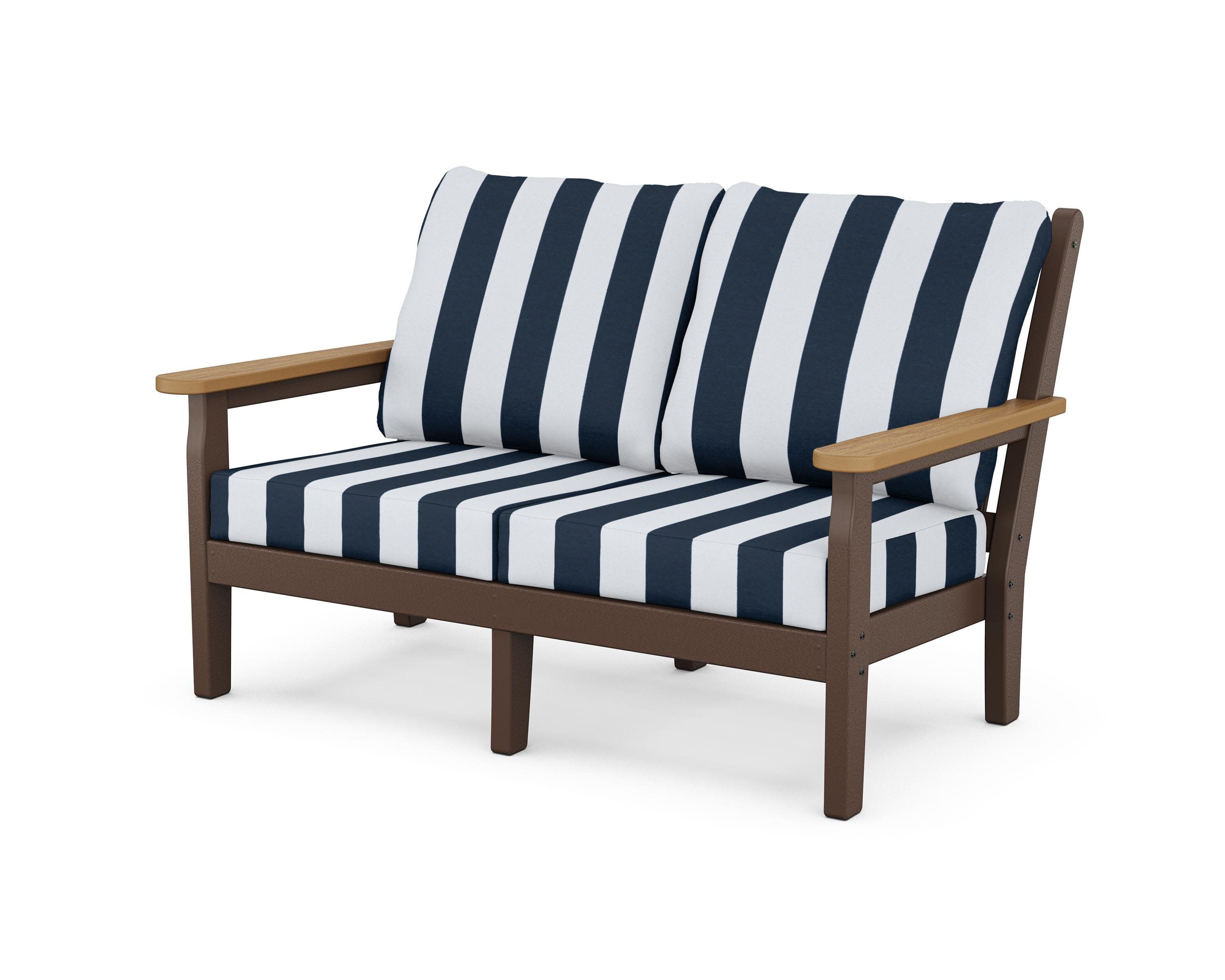Chippendale Deep Seating Loveseat in Mahogany / Natural / Cabana Stripe Marine Indigo