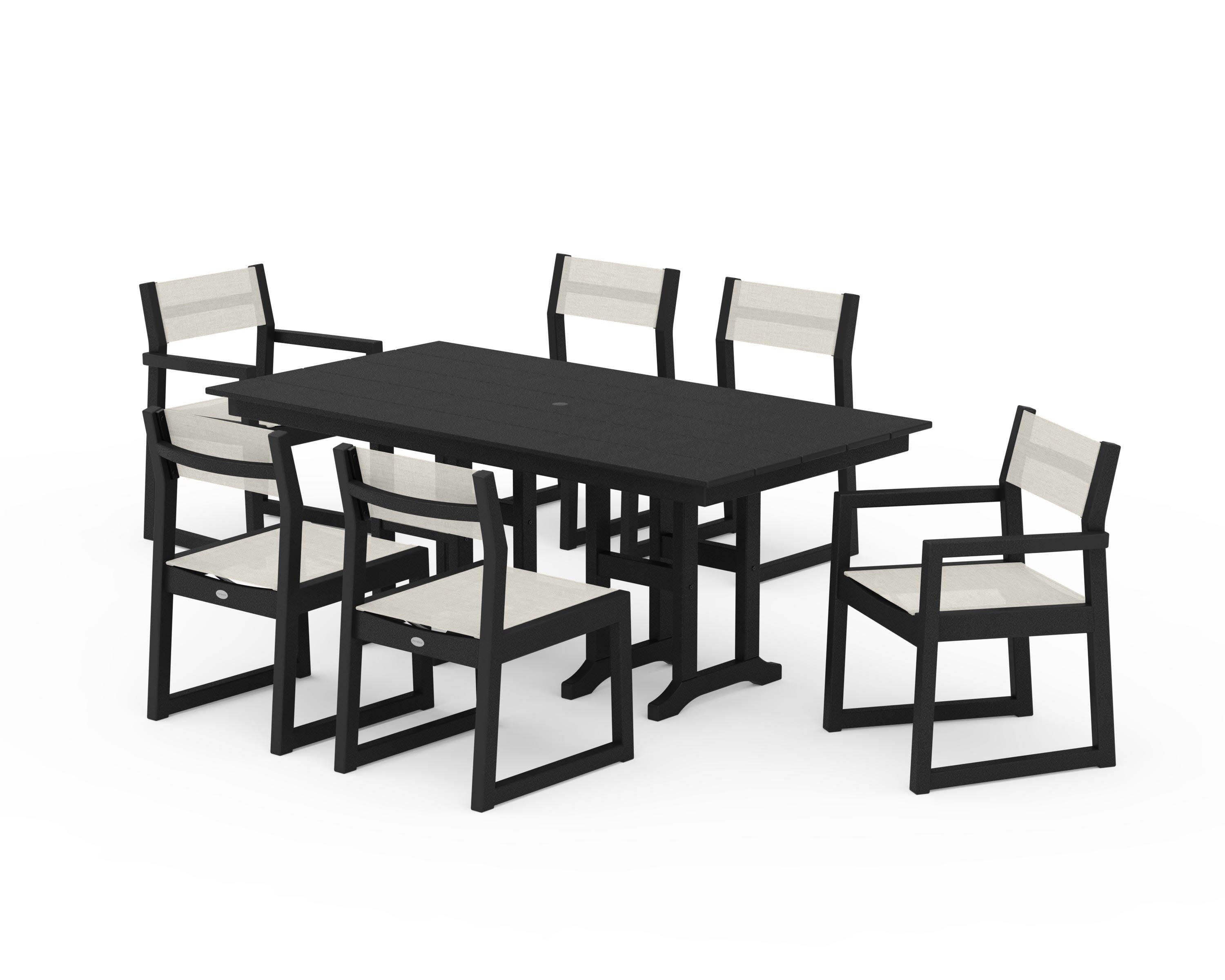 EDGE Sling 7-Piece Farmhouse Dining Set in Black / Parchment Sling