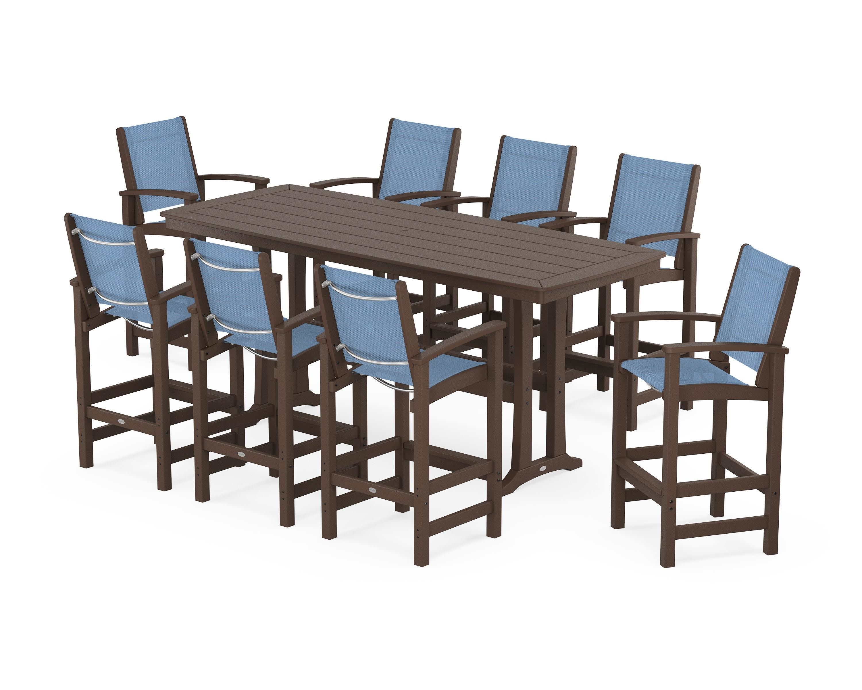Coastal 9-Piece Bar Set with Trestle Legs in Mahogany / Poolside Sling