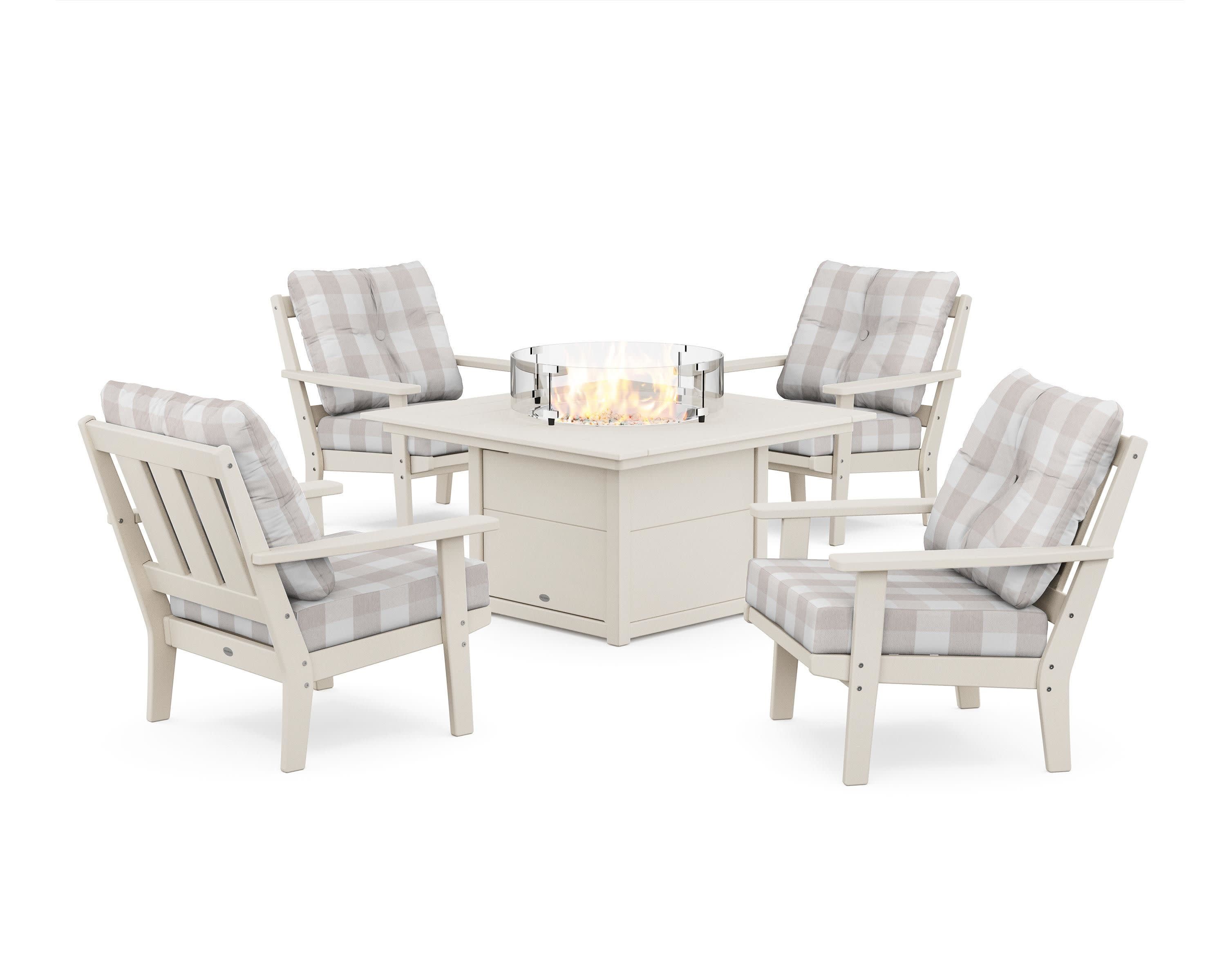 Oxford 5-Piece Deep Seating Set with Fire Pit Table in Sand / Buffalo Plaid Dune Burlap