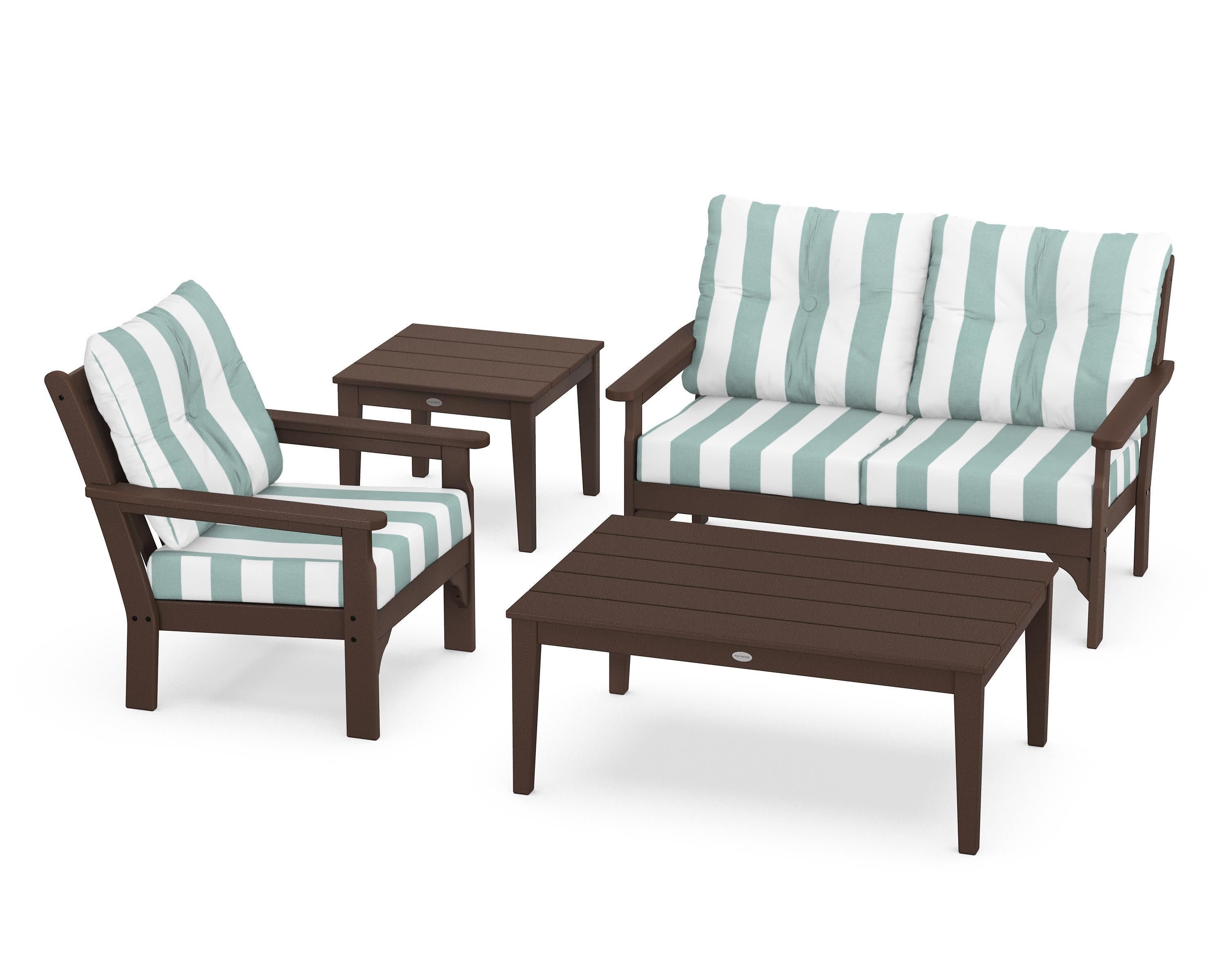 Vineyard 4-Piece Deep Seating Set in Mahogany / Cabana Stripe Glacier Spa