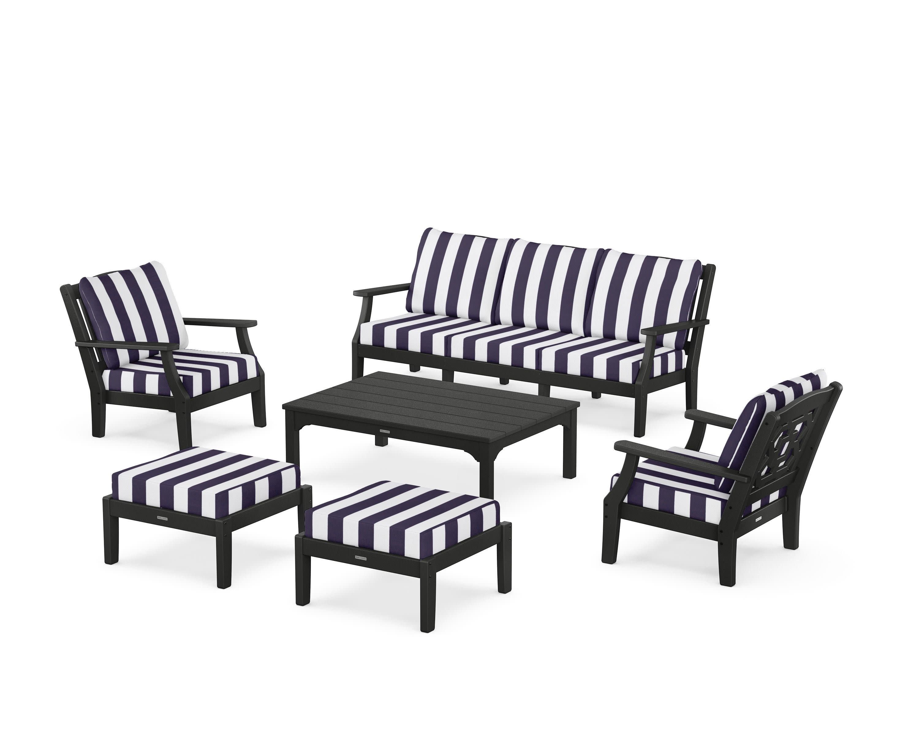 Chinoiserie 6-Piece Lounge Sofa Set in Black / Cabana Stripe Navy