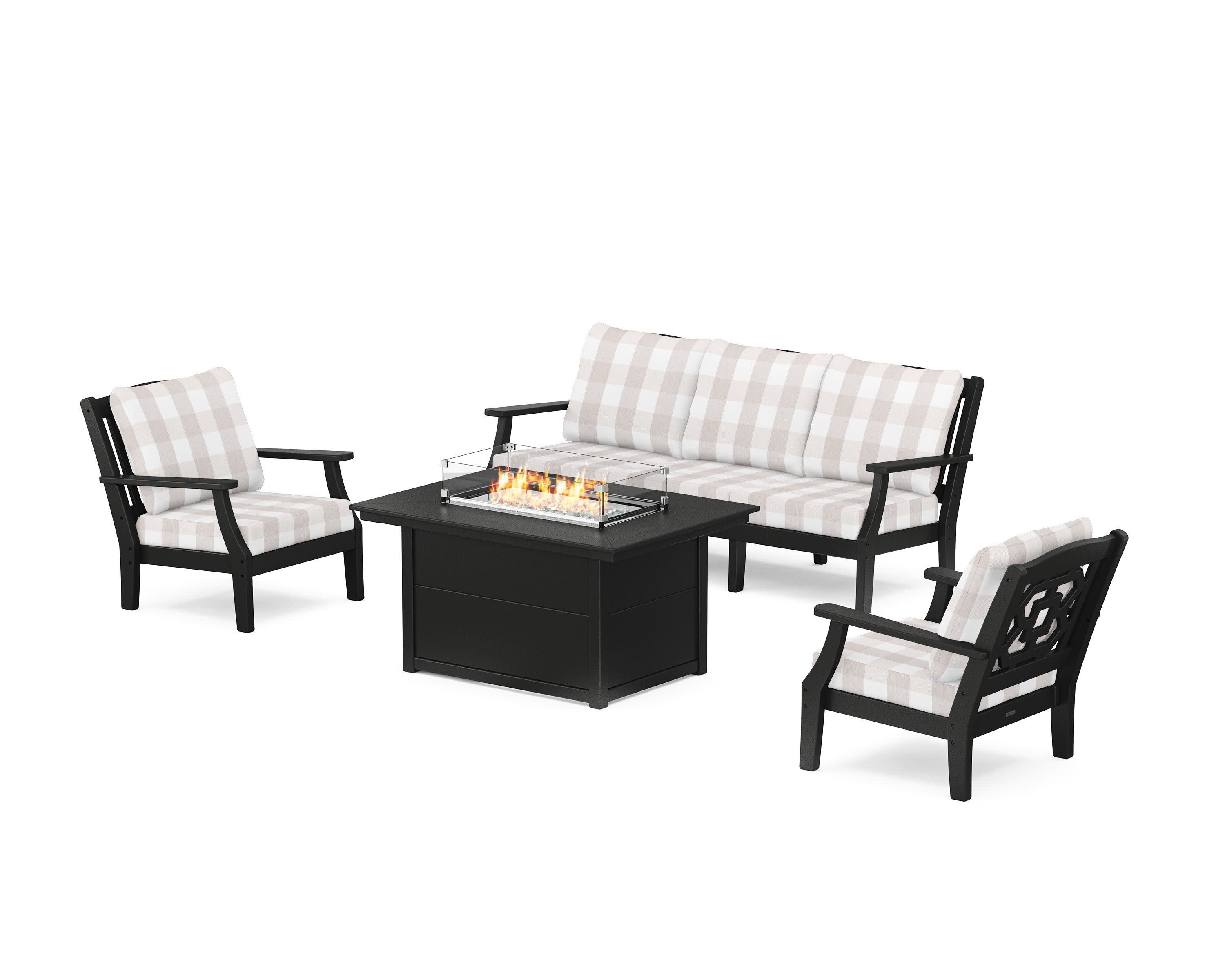 Chinoiserie Deep Seating Fire Pit Table Set in Black / Buffalo Plaid Dune Burlap