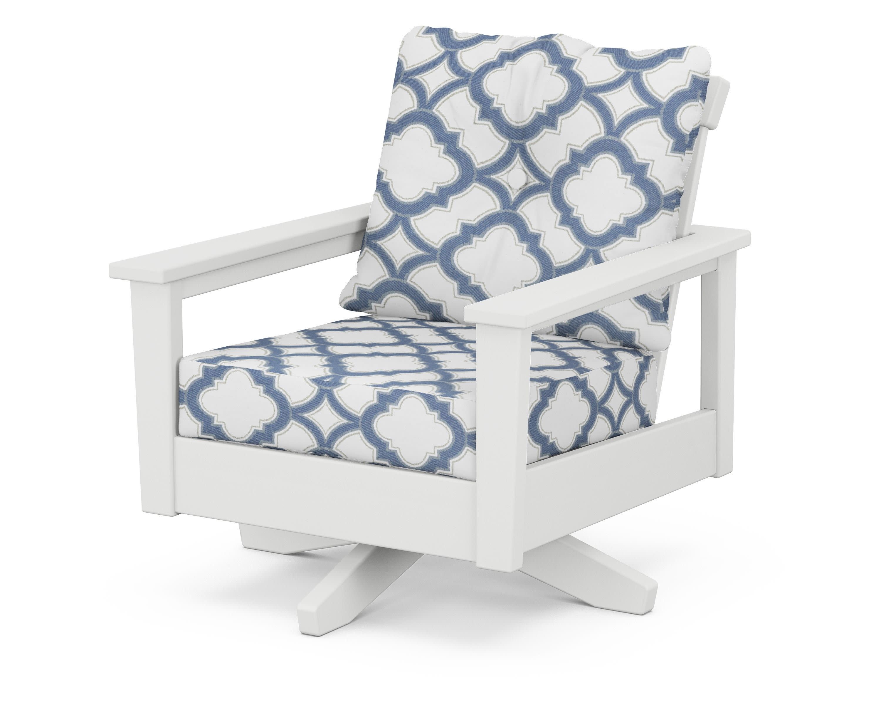 Prescott Deep Seating Swivel Chair in White / Trellis Sky Blue