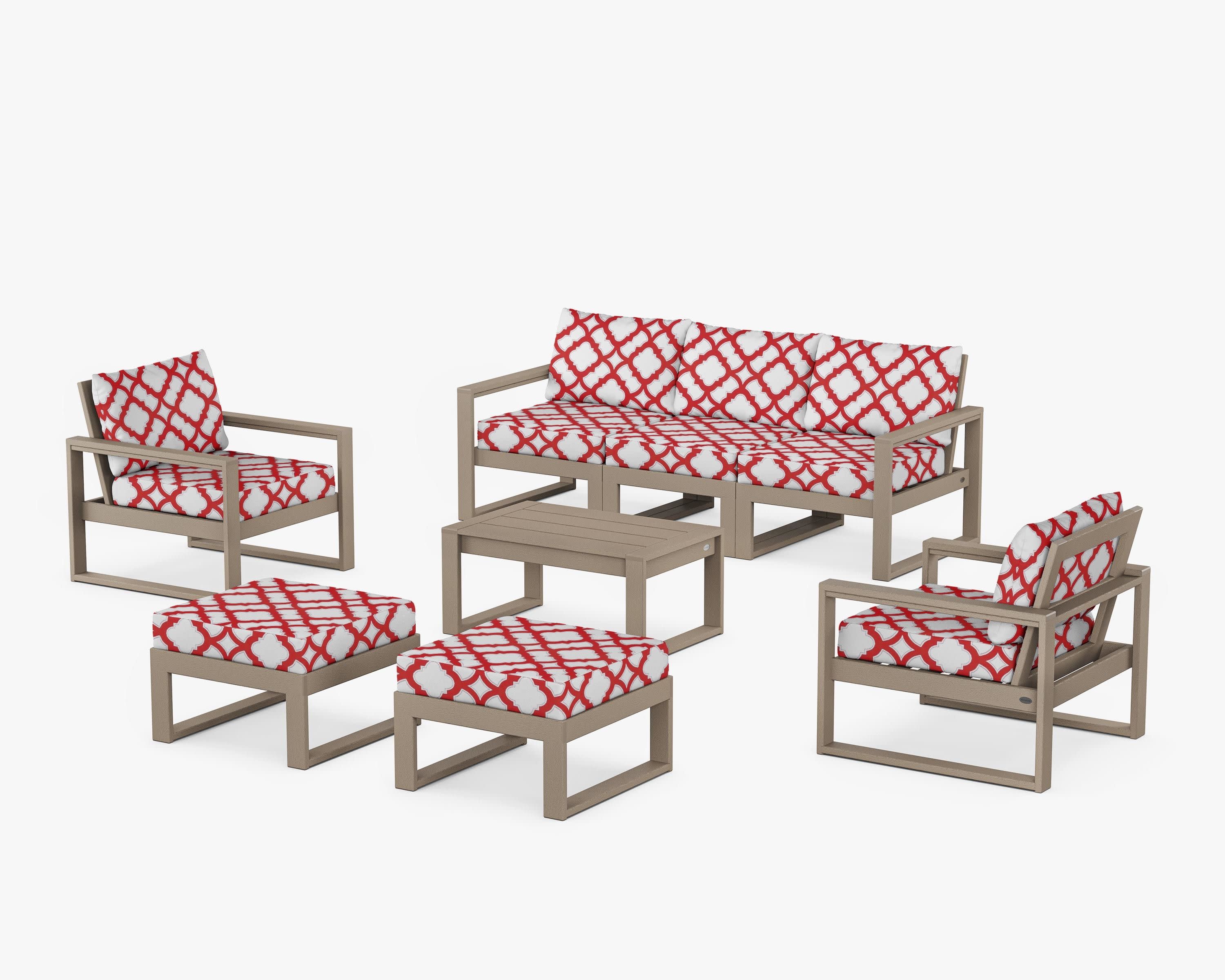 EDGE Sectional 8-Piece Lounge Sofa Set in Vintage Sahara / Trellis Crimson