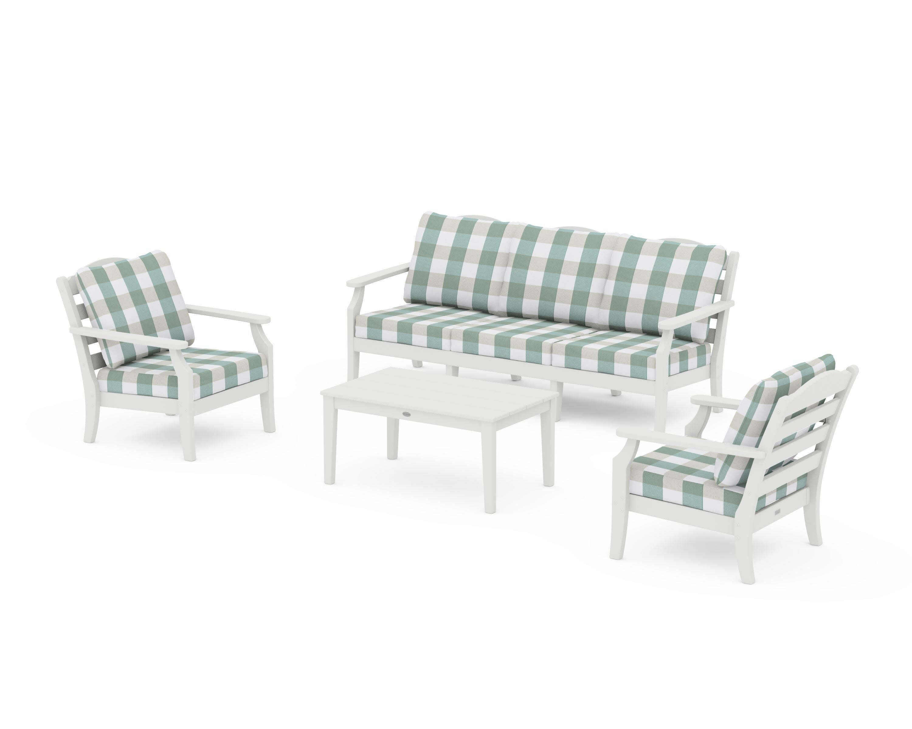 Savannah 4-Piece Deep Seating Set with Sofa in Vintage White / Buffalo Plaid Glacier Spa