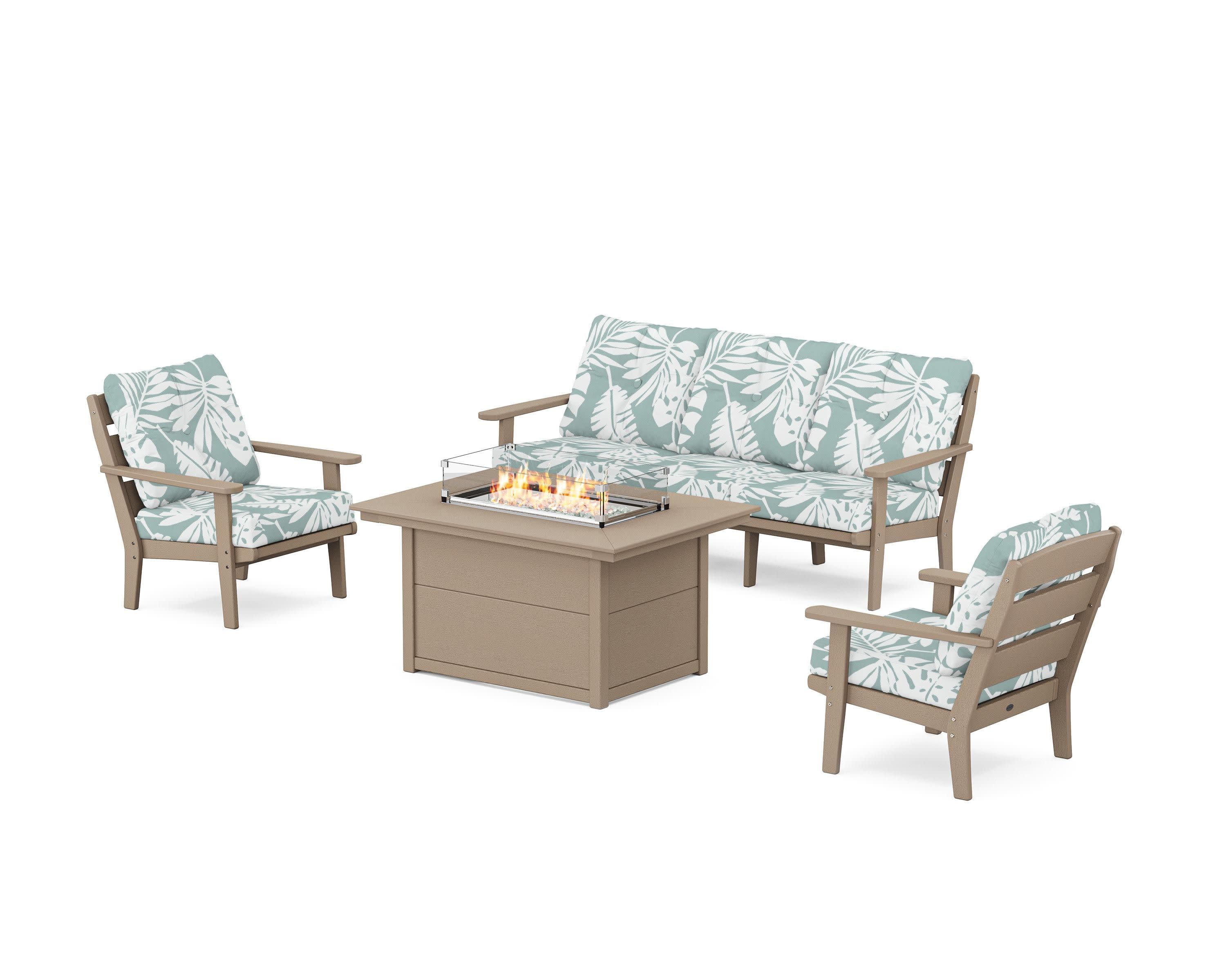 Lakeside Deep Seating Fire Pit Table Set in Vintage Sahara / Leaf Glacier Spa