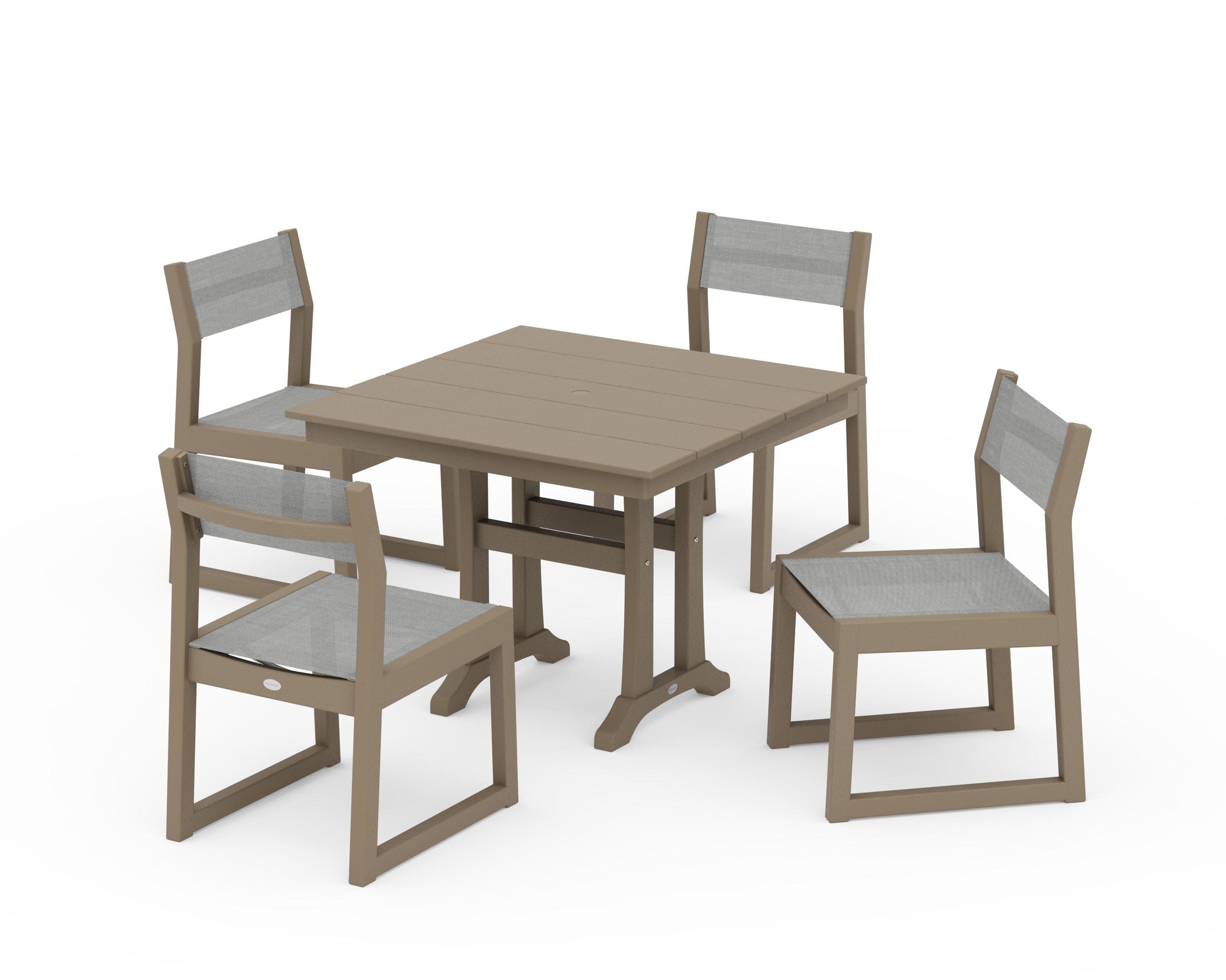 EDGE Sling 5-Piece Farmhouse Trestle Side Chair Dining Set in Vintage Sahara / Metallic Sling