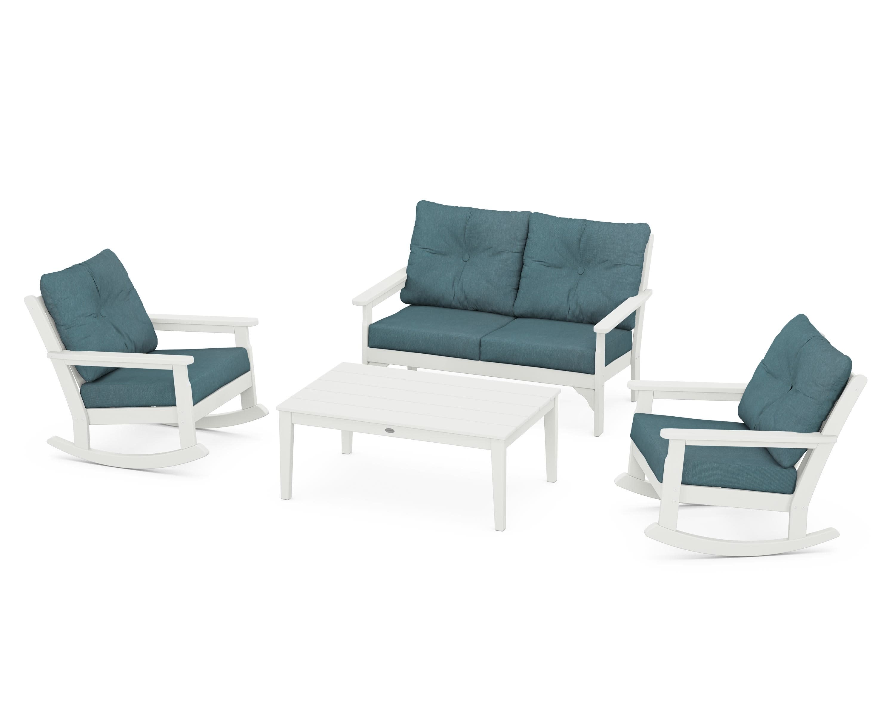Vineyard 4-Piece Deep Seating Rocking Chair Set in Vintage White / Ocean Teal