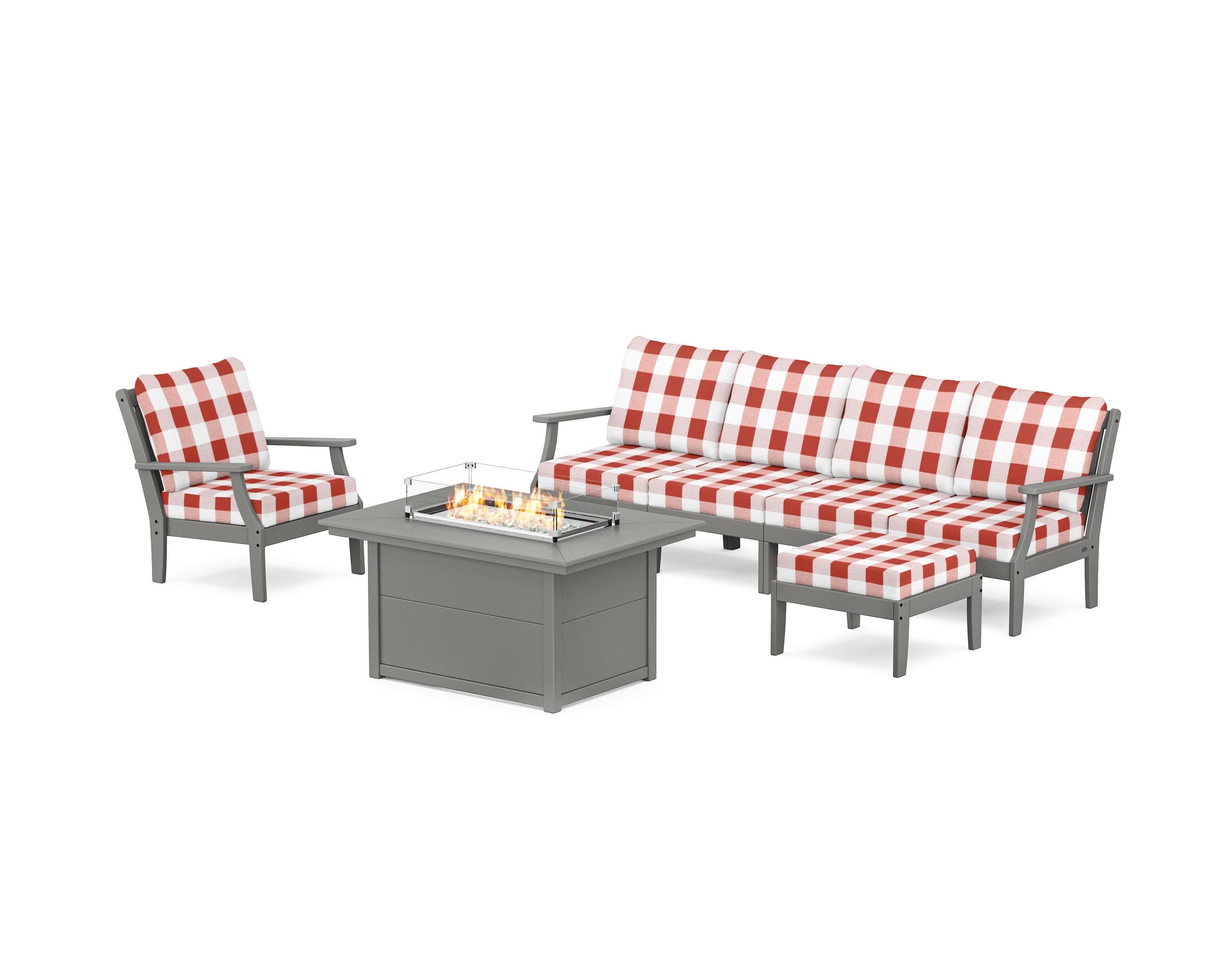 Braxton Sectional Lounge and Fire Pit Set in Slate Grey / Buffalo Plaid Crimson