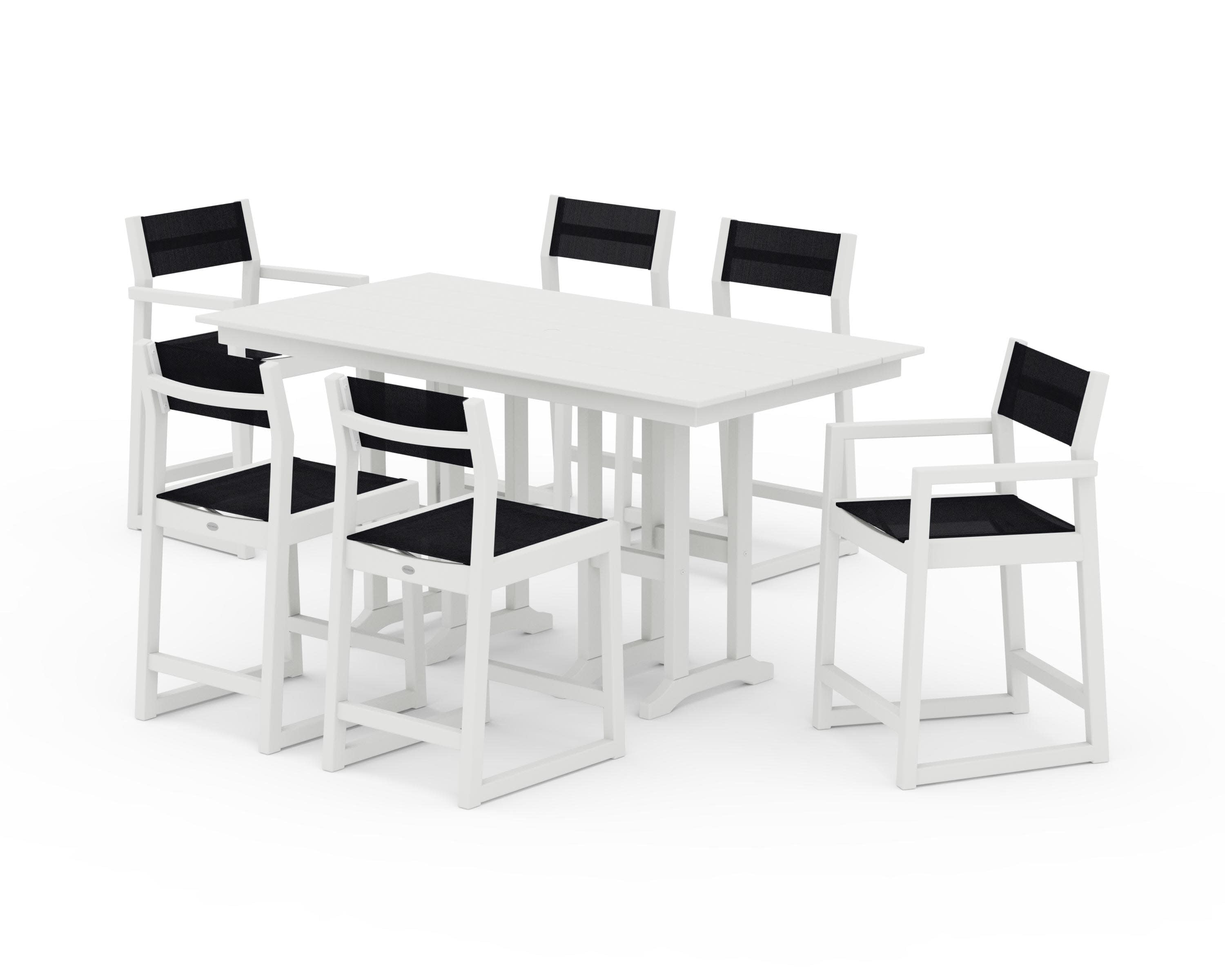 EDGE Sling 7-Piece Farmhouse Counter Set with Trestle Legs in Vintage White / Black Sling