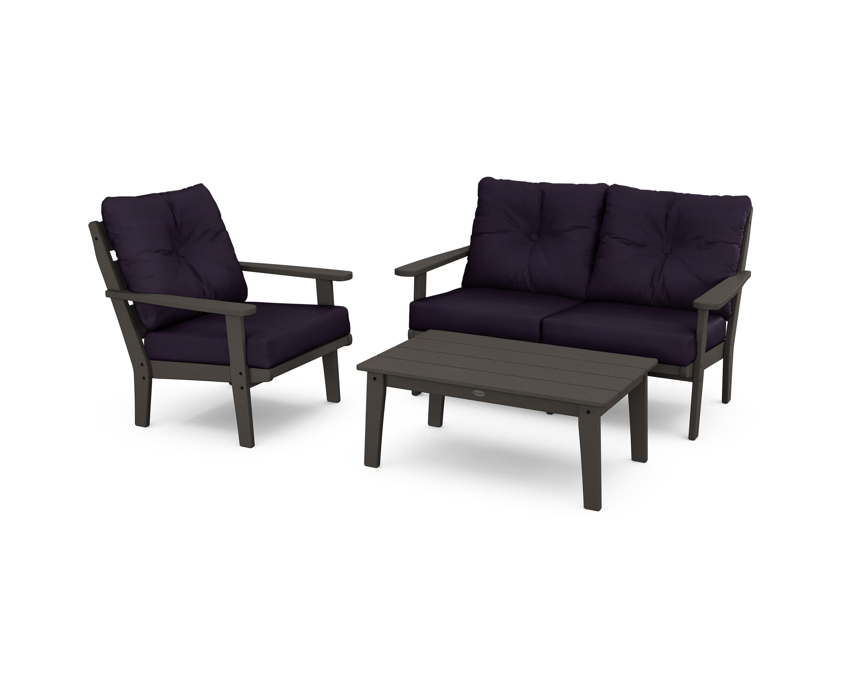 Lakeside 3-Piece Deep Seating Set in Vintage Coffee / Navy Linen