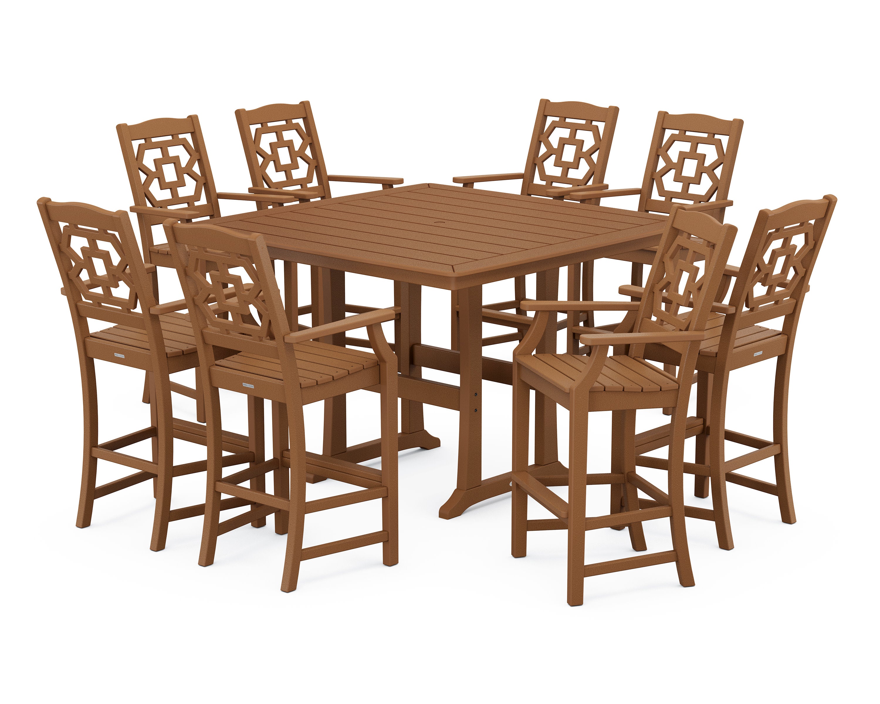 Chinoiserie 9-Piece Square Bar Set with Trestle Legs in Teak
