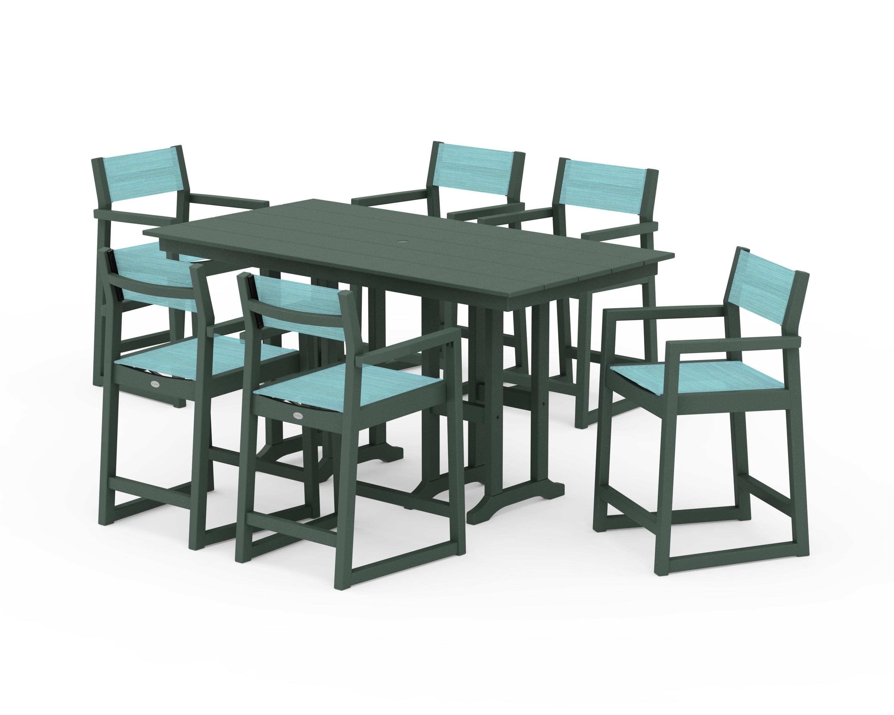EDGE Sling Arm Chair 7-Piece Farmhouse Counter Set in Green / Dupioni Aquamarine Sling