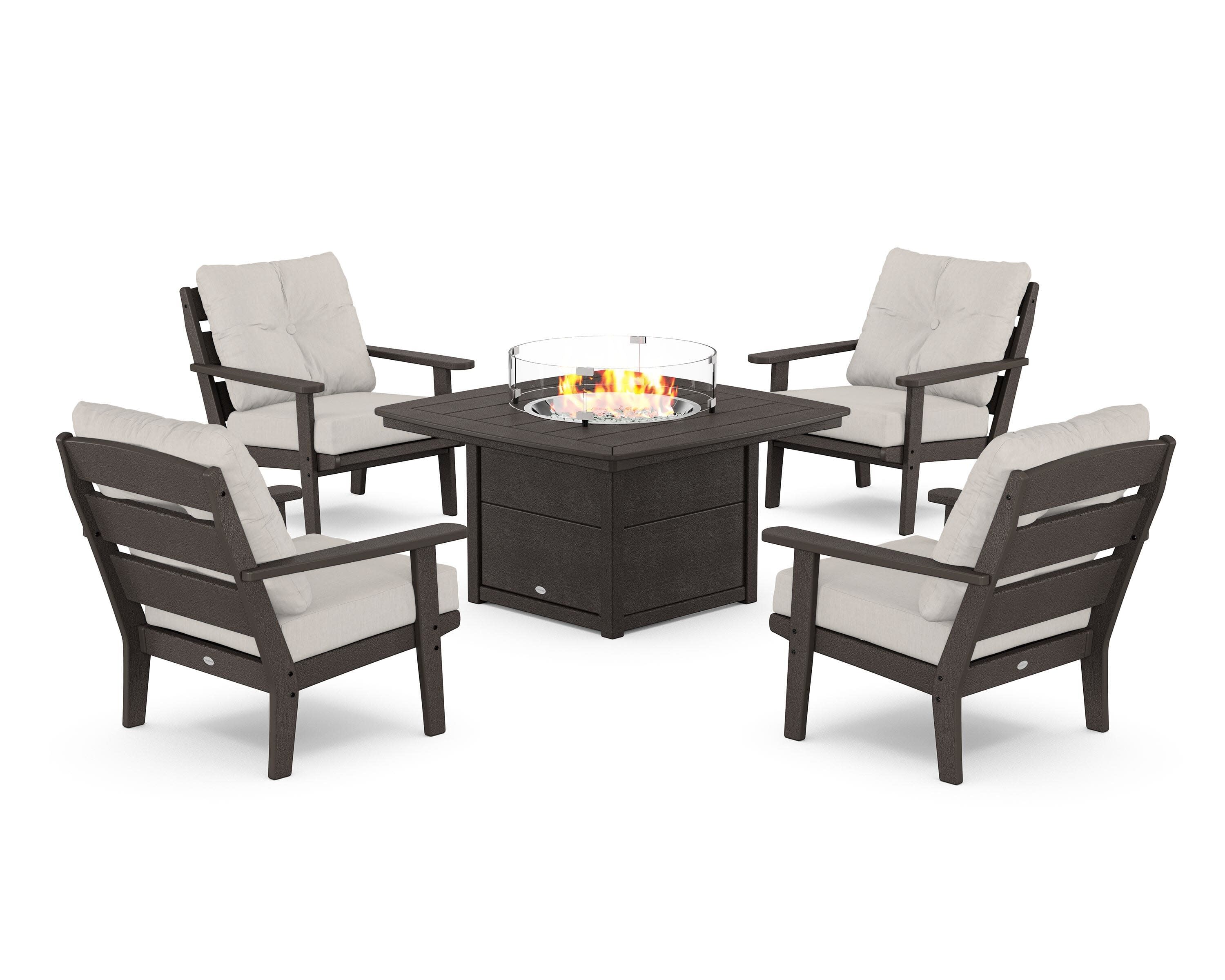 Lakeside 5-Piece Deep Seating Set with Nautical Fire Pit Table in Vintage Coffee / Cast Ash