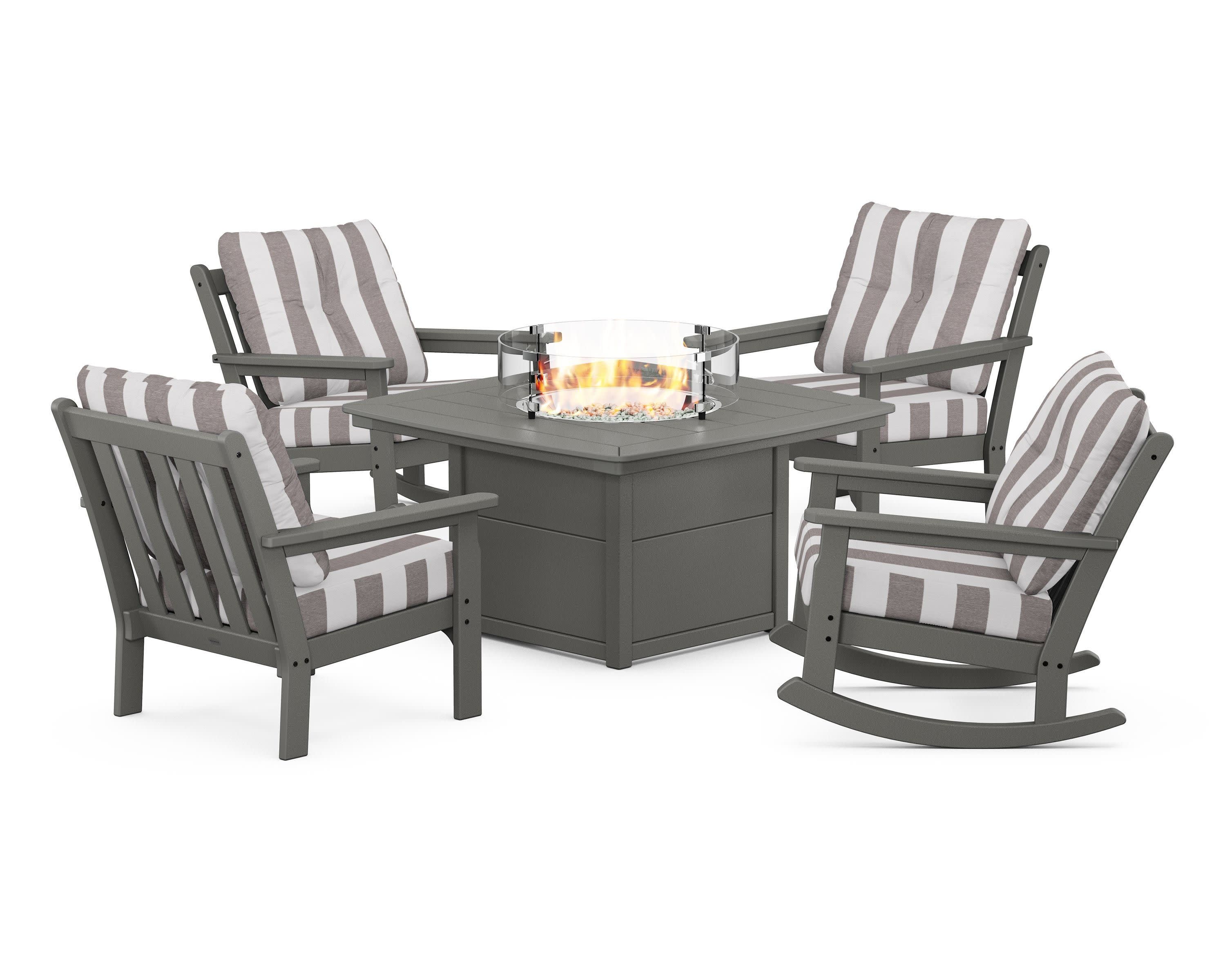 Vineyard 5-Piece Deep Seating Rocking Chair Conversation Set with Fire Pit Table in Slate Grey / Cabana Stripe Grey Mist