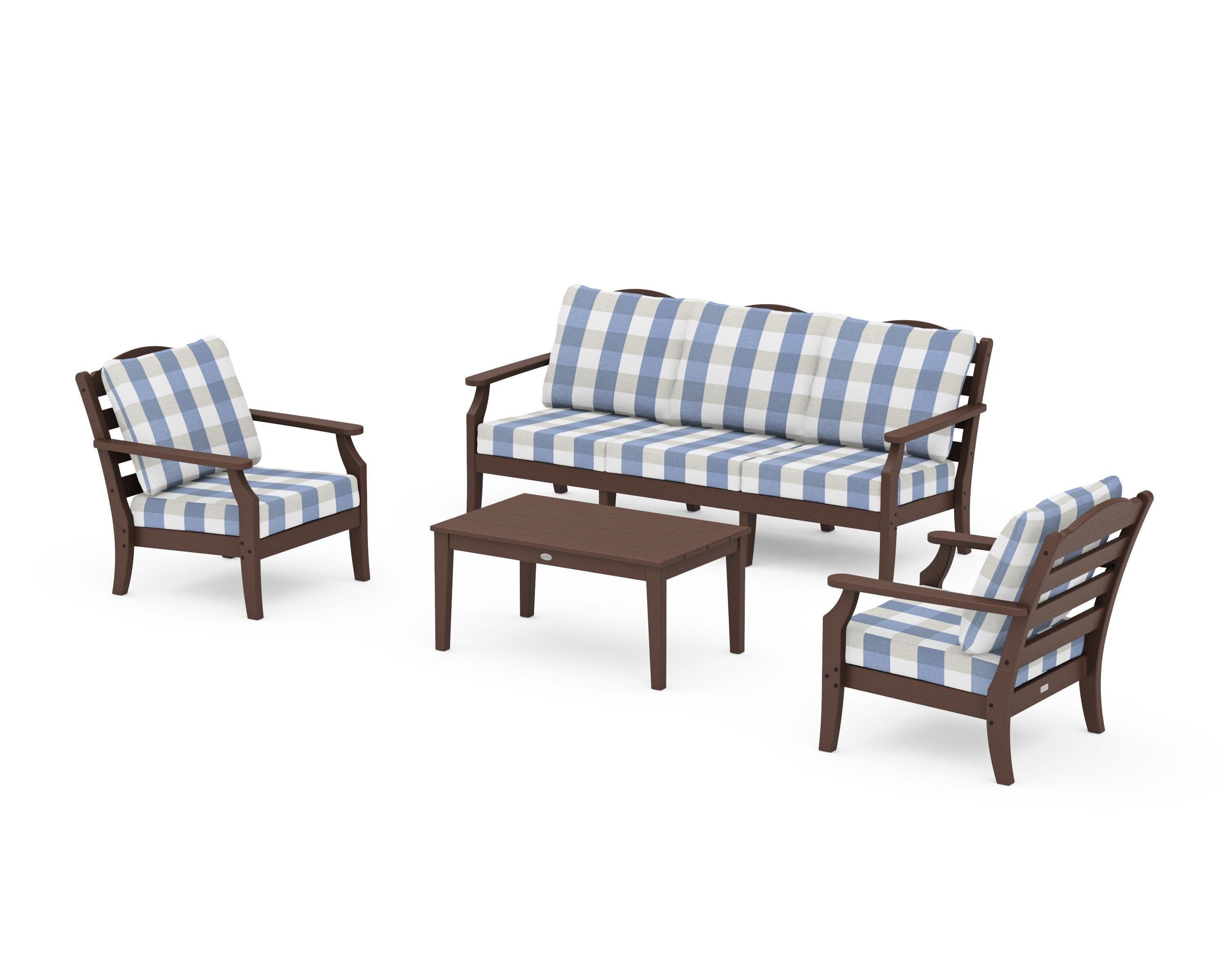 Savannah 4-Piece Deep Seating Set with Sofa in Mahogany / Buffalo Plaid Sky Blue