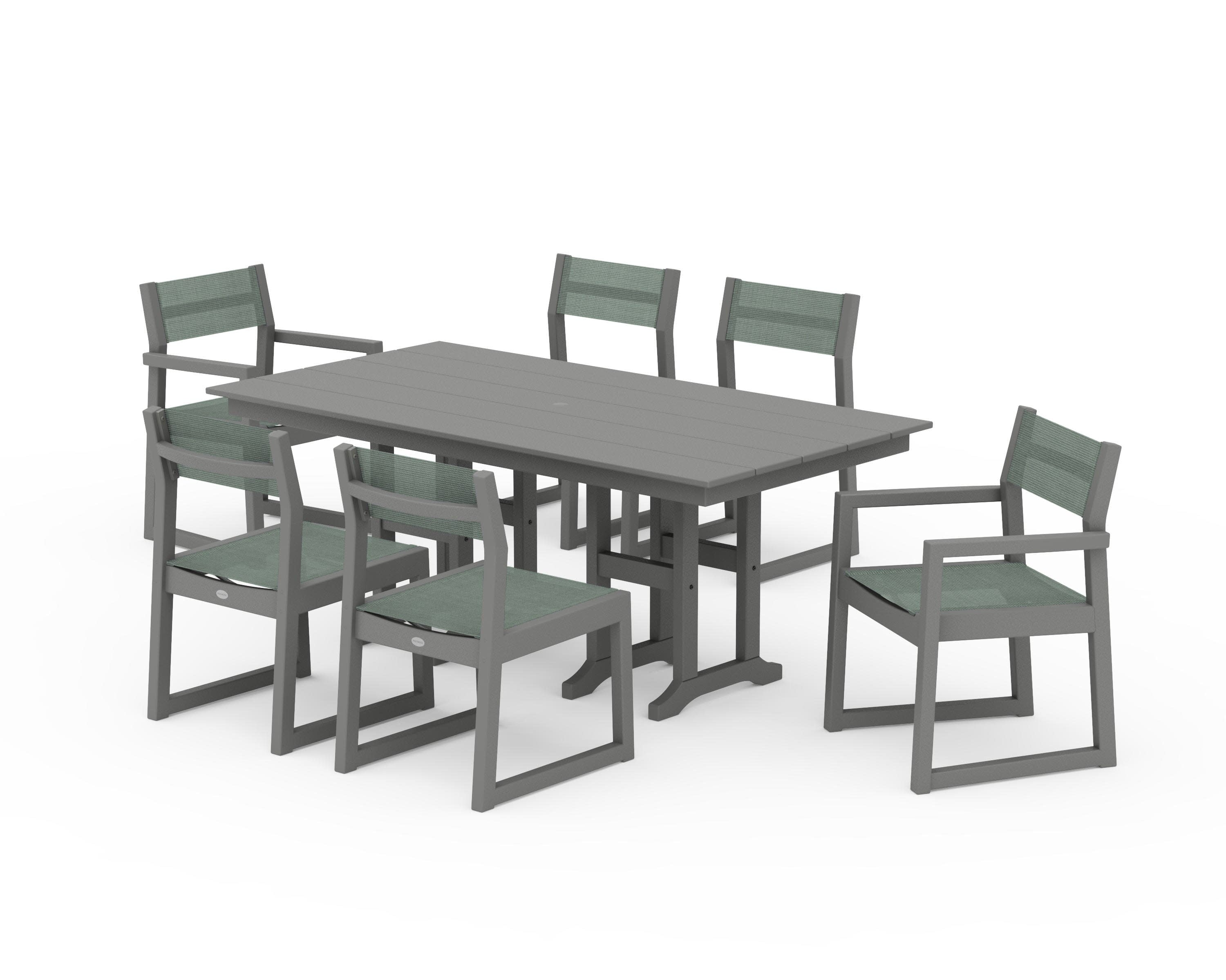 EDGE Sling 7-Piece Farmhouse Dining Set in Slate Grey / Dupioni Sea Mist Sling
