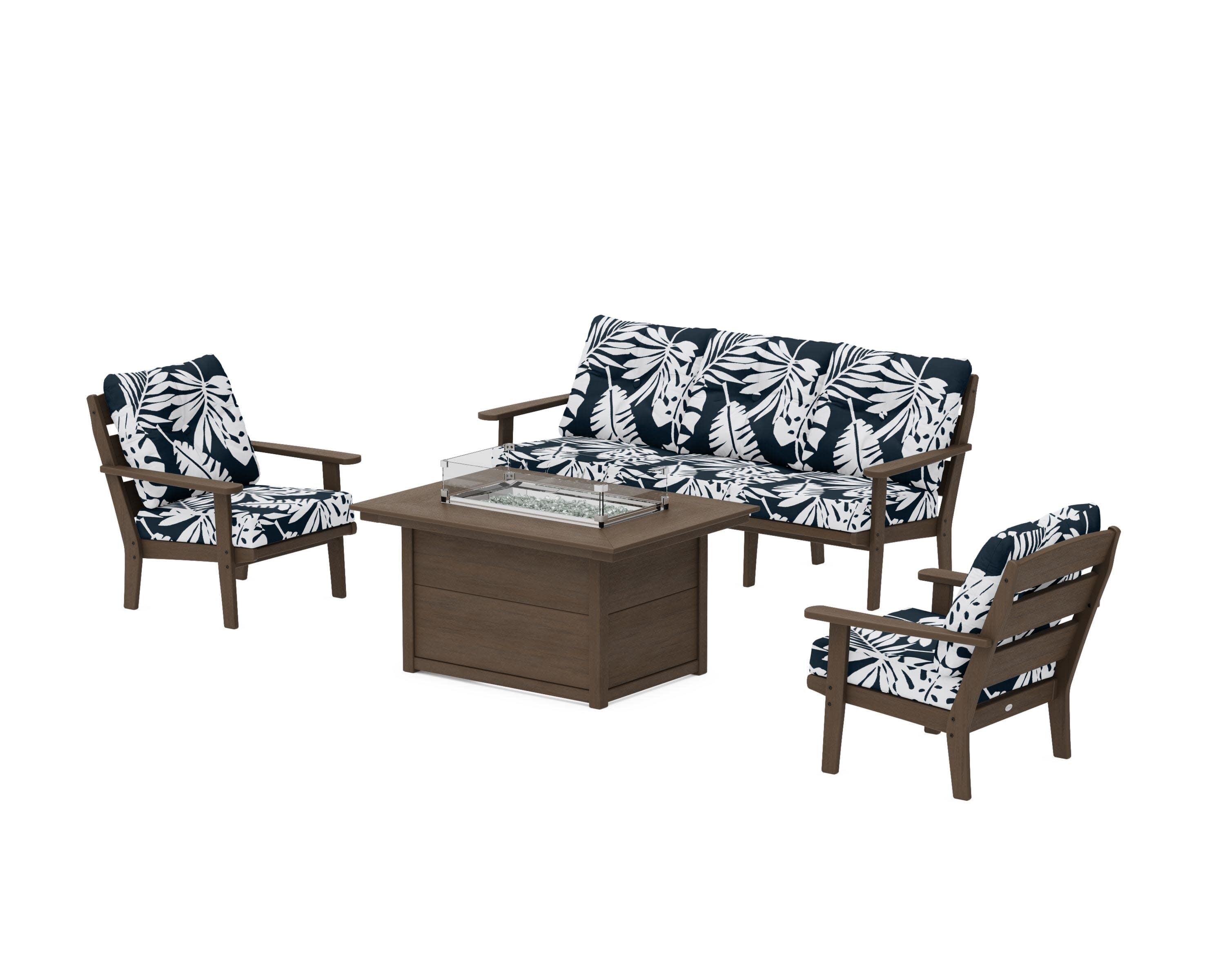 Lakeside Deep Seating Fire Pit Table Set in Kona / Leaf Marine Indigo