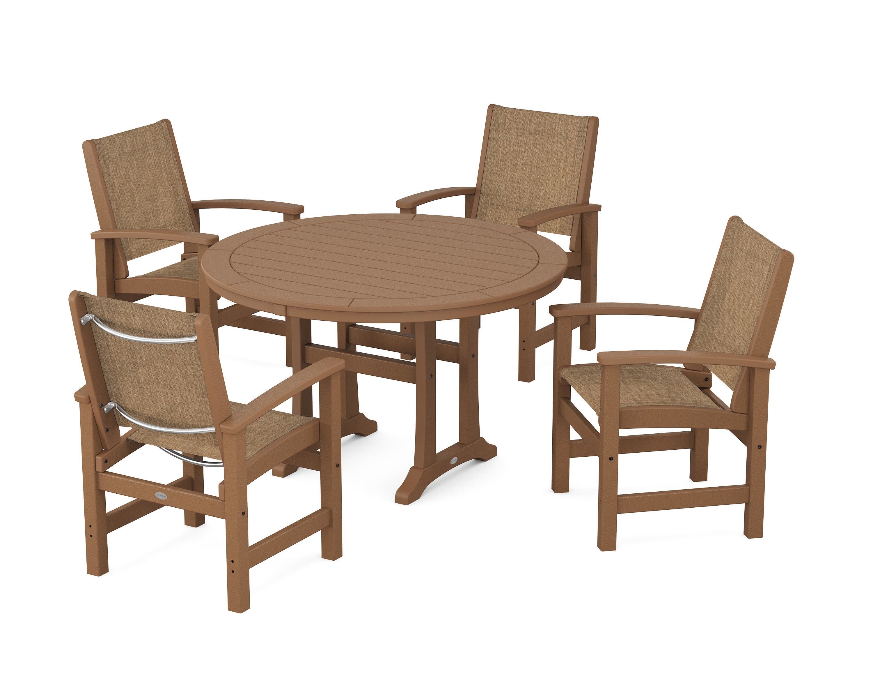 Coastal 5-Piece Round Dining Set with Trestle Legs in Teak / Burlap Sling