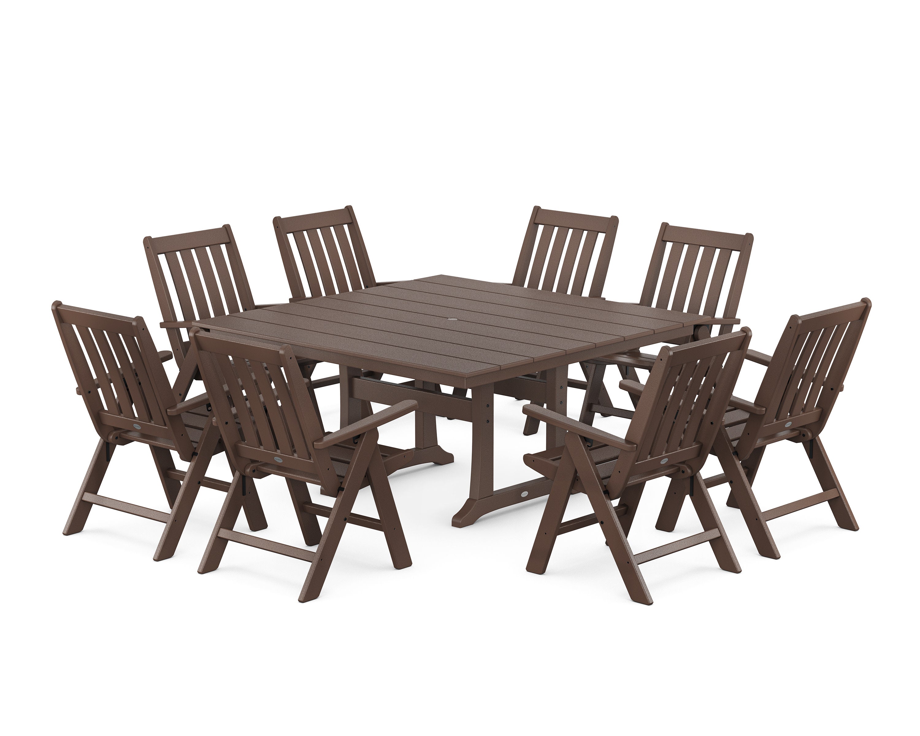 Vineyard Folding Chair 9-Piece Square Farmhouse Dining Set with Trestle Legs in Mahogany