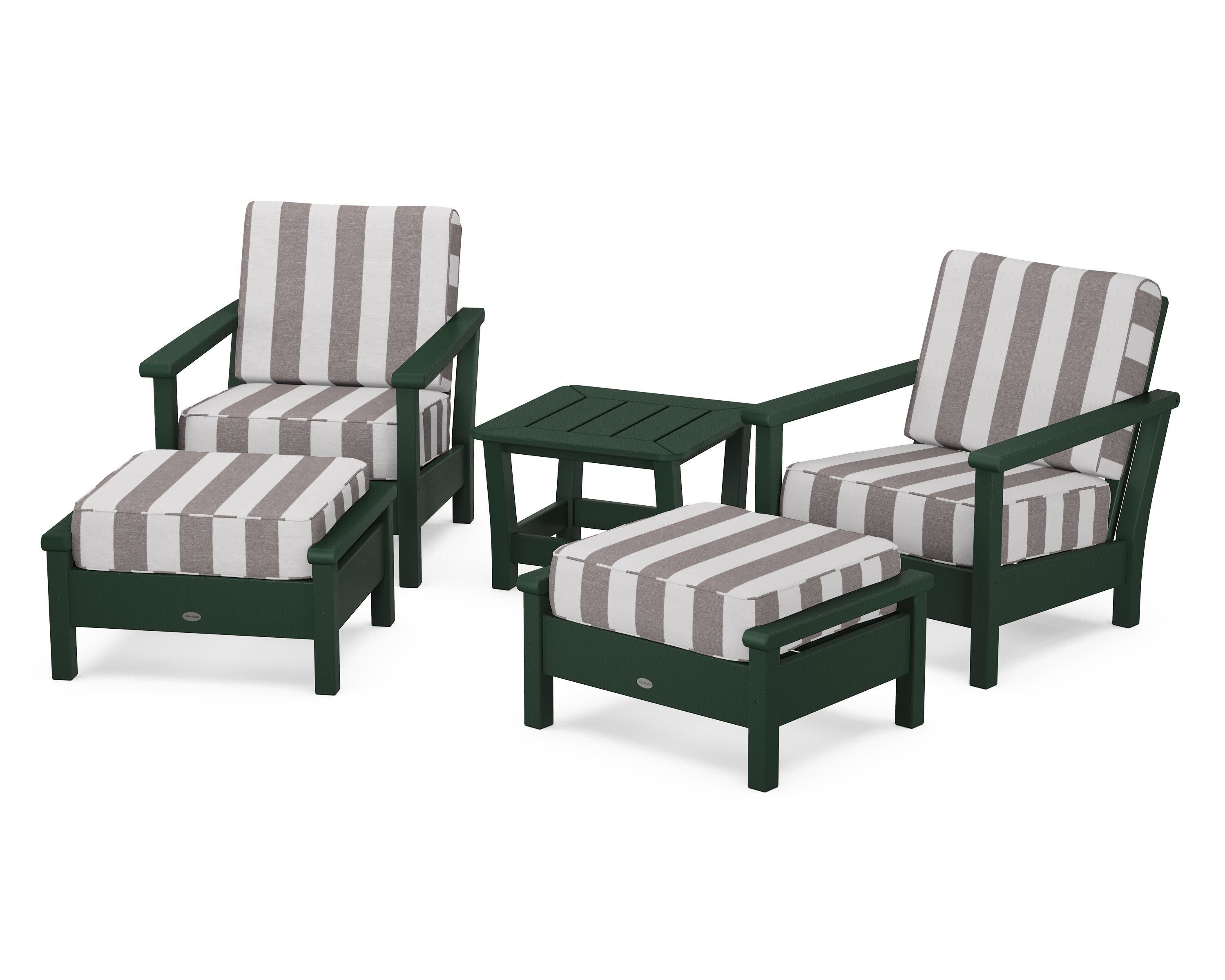 Harbour 5-Piece Deep Seating Chair Set in Green / Cabana Stripe Grey Mist