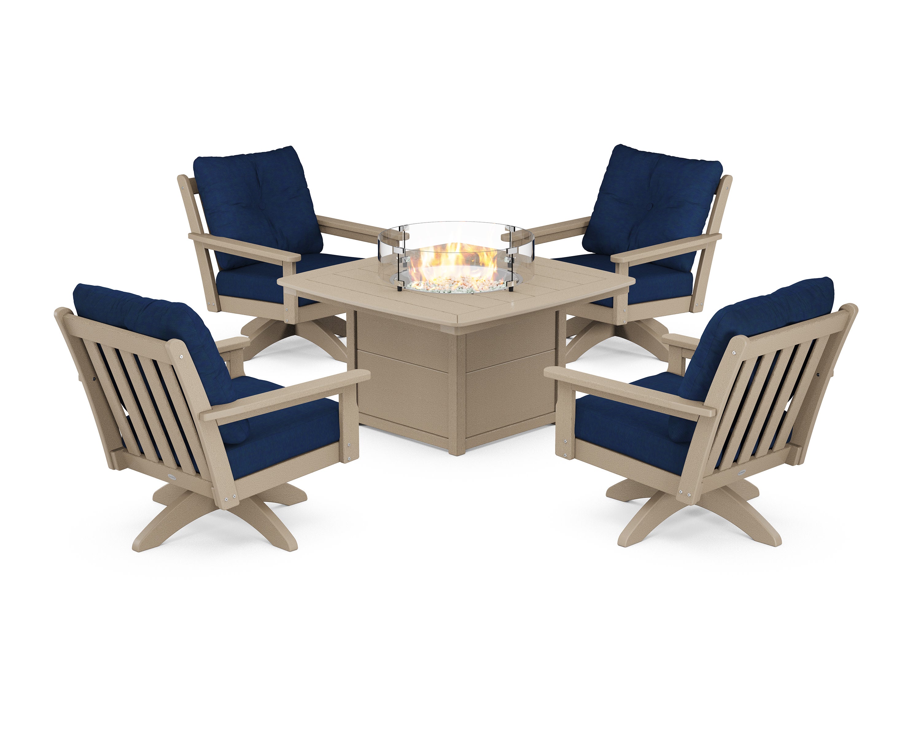 Vineyard 5-Piece Deep Seating Swivel Conversation Set with Fire Pit Table in Vintage Sahara / Navy