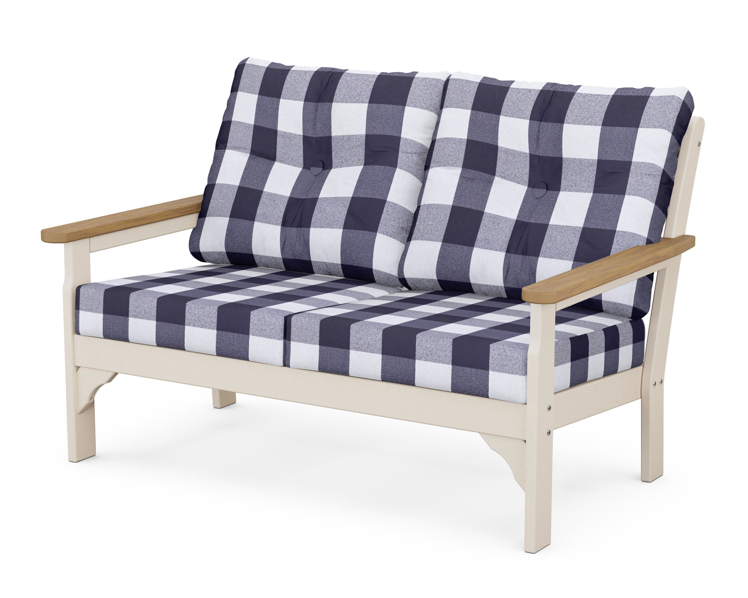 Vineyard Deep Seating Loveseat in Sand / Natural / Buffalo Plaid Navy