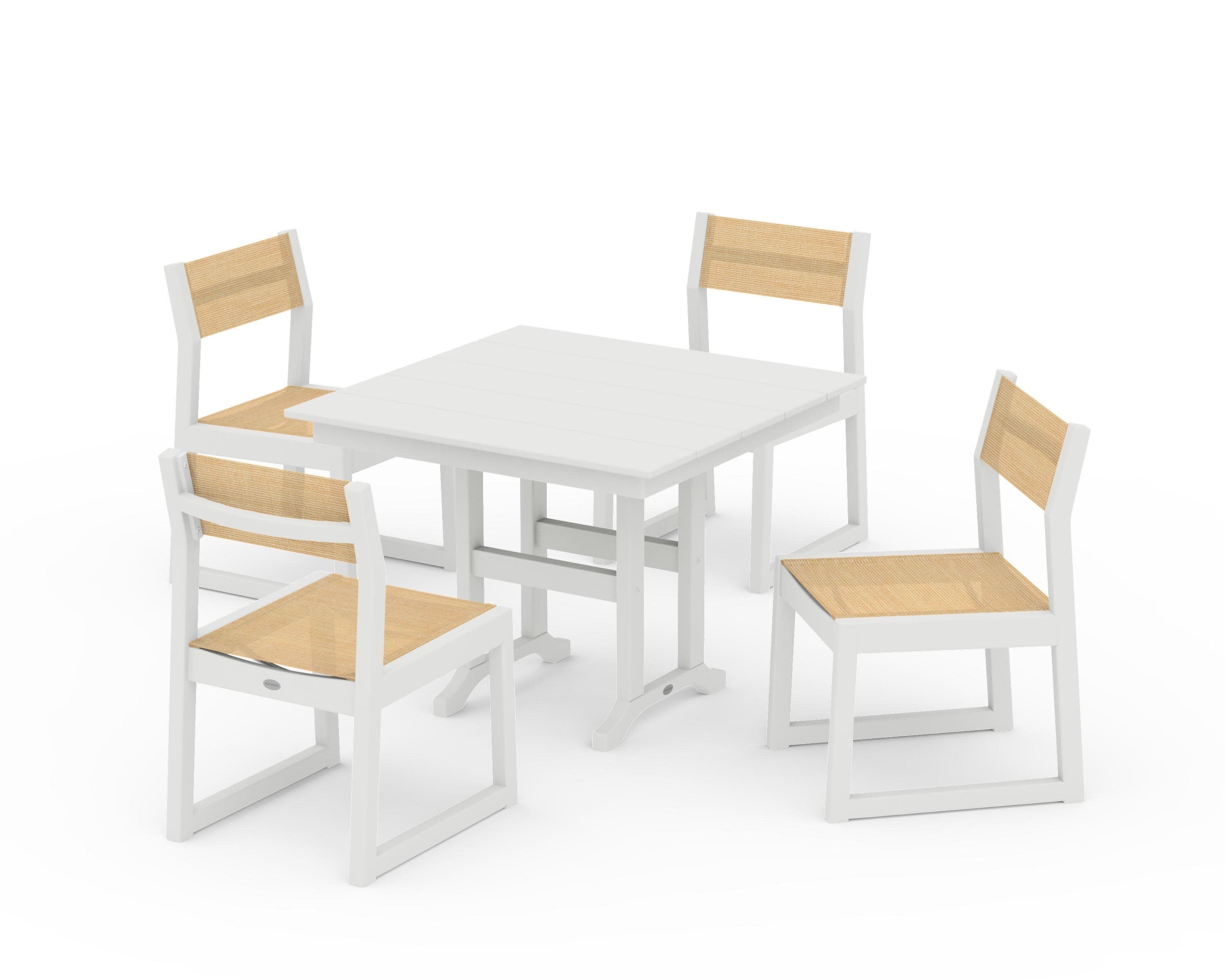 EDGE Sling Side Chair 5-Piece Farmhouse Dining Set in Vintage White / Dupioni Apricot Sling