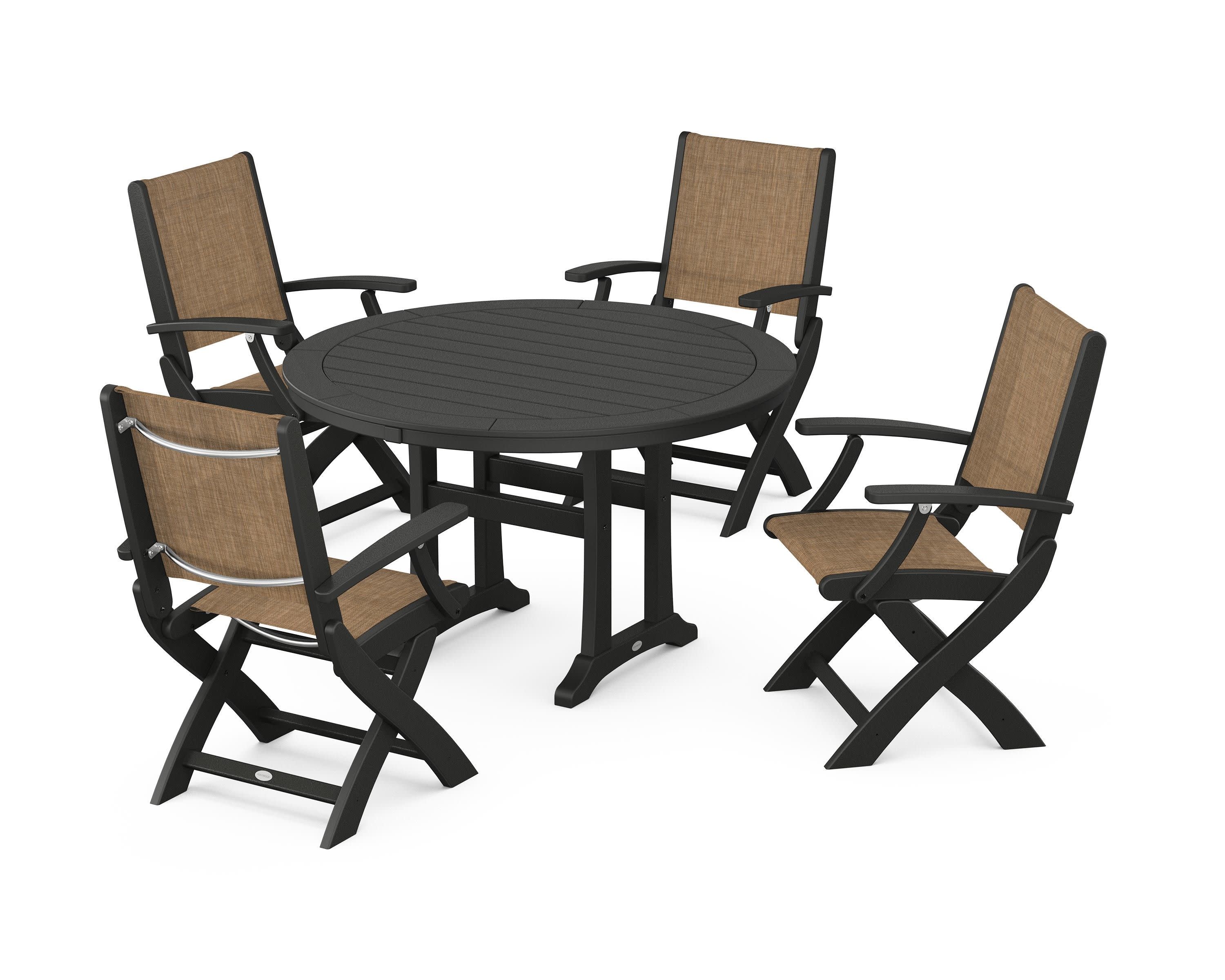 Coastal Folding Chair 5-Piece Round Dining Set with Trestle Legs in Black / Burlap Sling