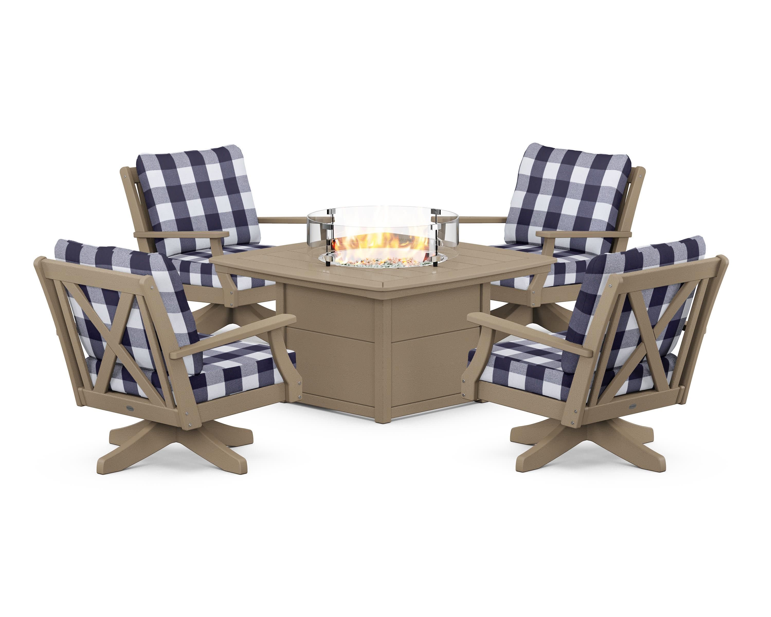 Braxton 5-Piece Deep Seating Swivel Conversation Set with Fire Pit Table in Vintage Sahara / Buffalo Plaid Navy