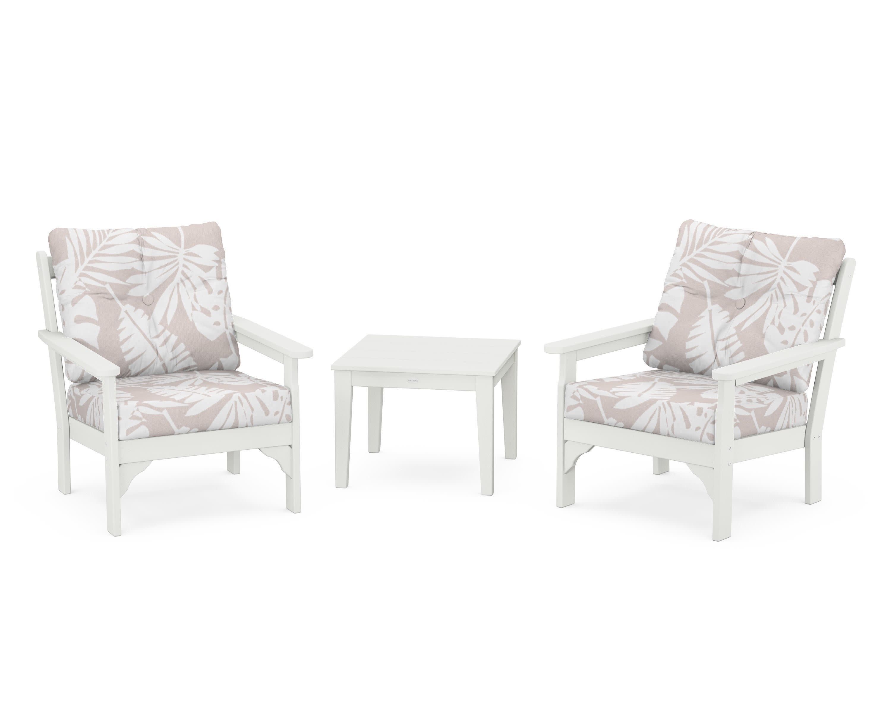 Vineyard 3-Piece Deep Seating Set in Vintage White / Leaf Dune Burlap