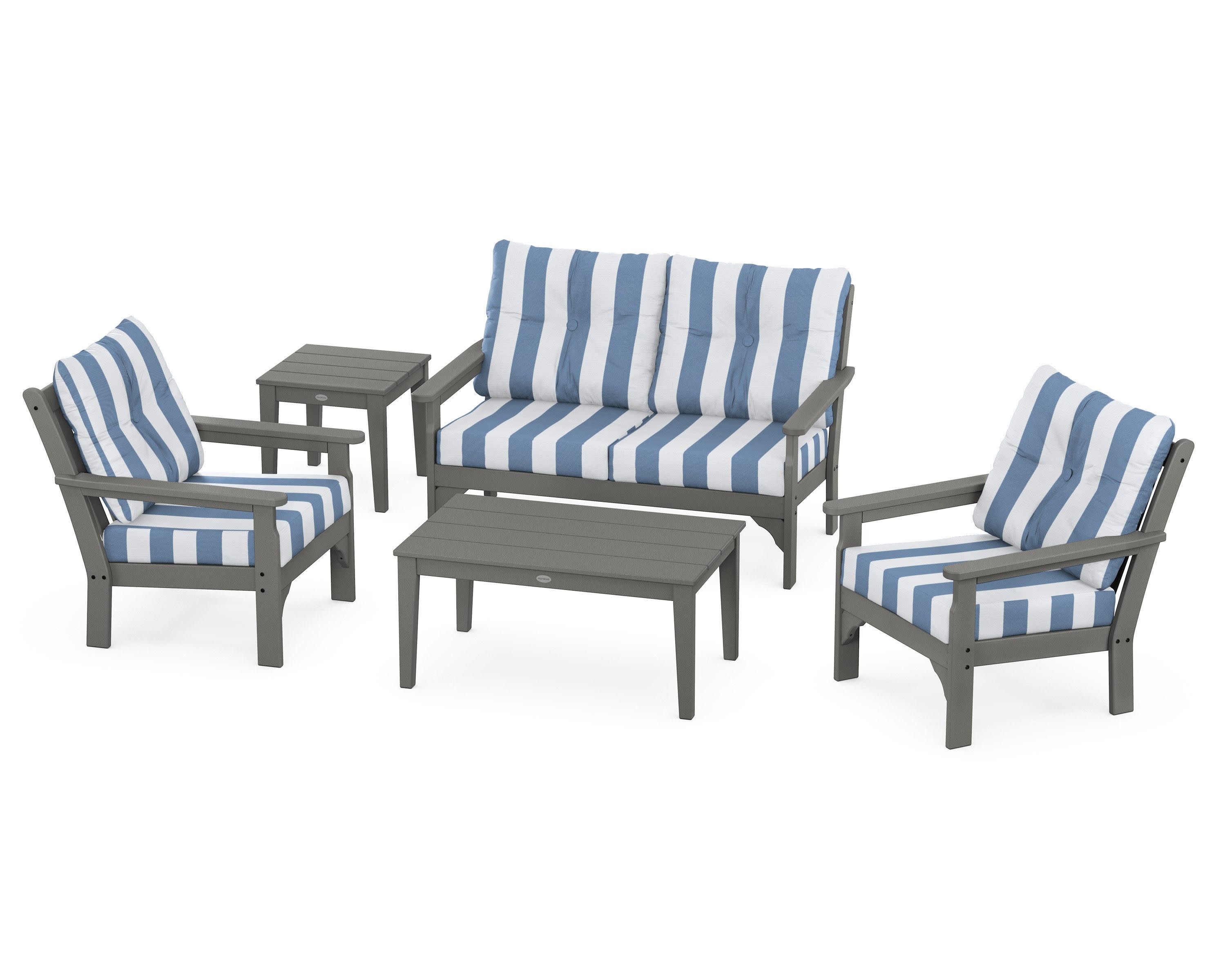 Vineyard 5-Piece Deep Seating Set in Slate Grey / Cabana Stripe Sky Blue