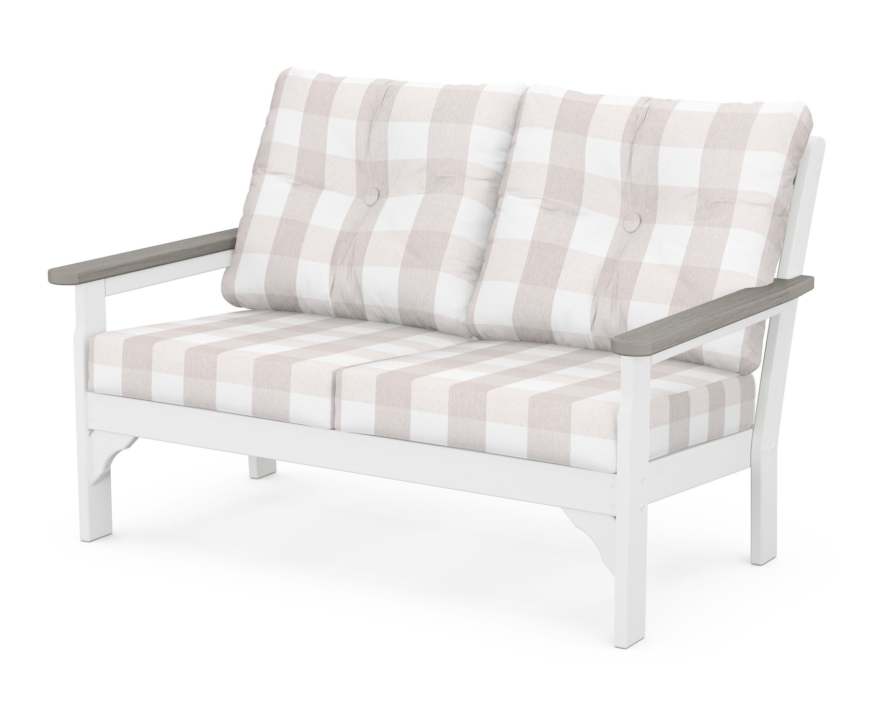 Vineyard Deep Seating Loveseat in White / Driftwood / Buffalo Plaid Dune Burlap