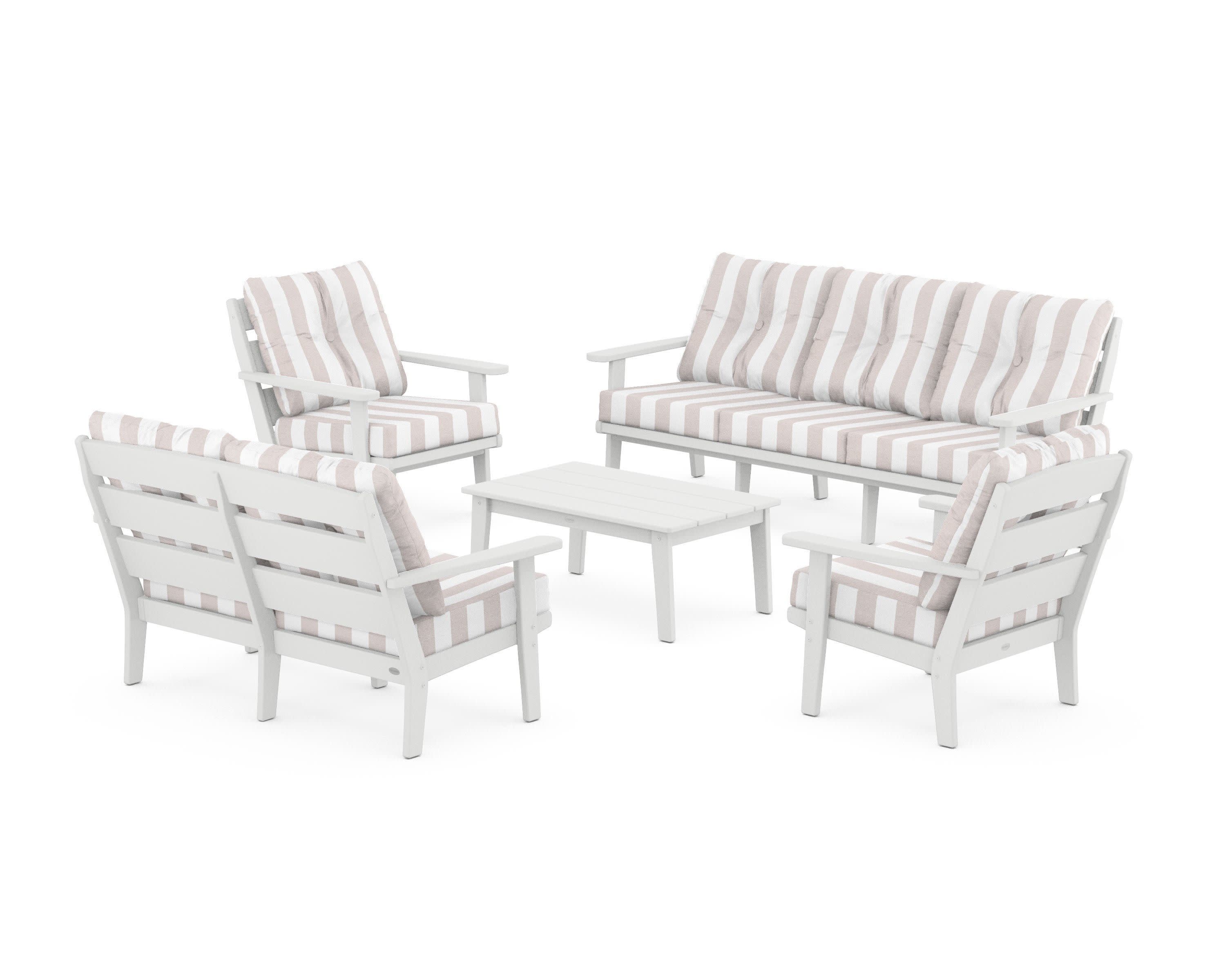 Lakeside 5-Piece Lounge Sofa Set in White / Cabana Stripe Dune Burlap