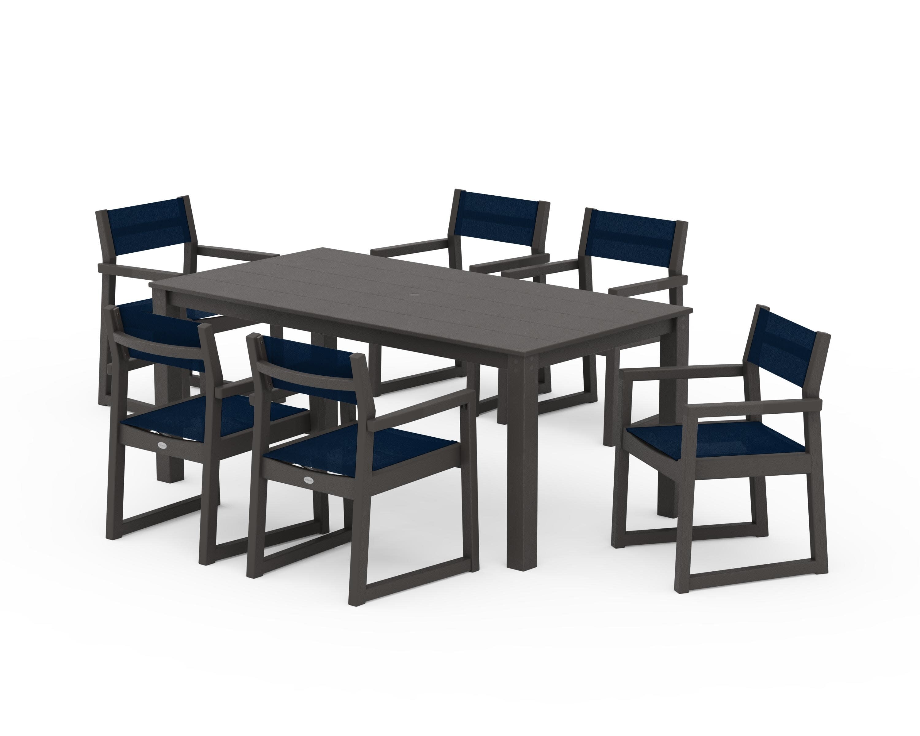 EDGE Sling Arm Chair 7-Piece Parsons Dining Set in Vintage Coffee / Navy Blue Sling