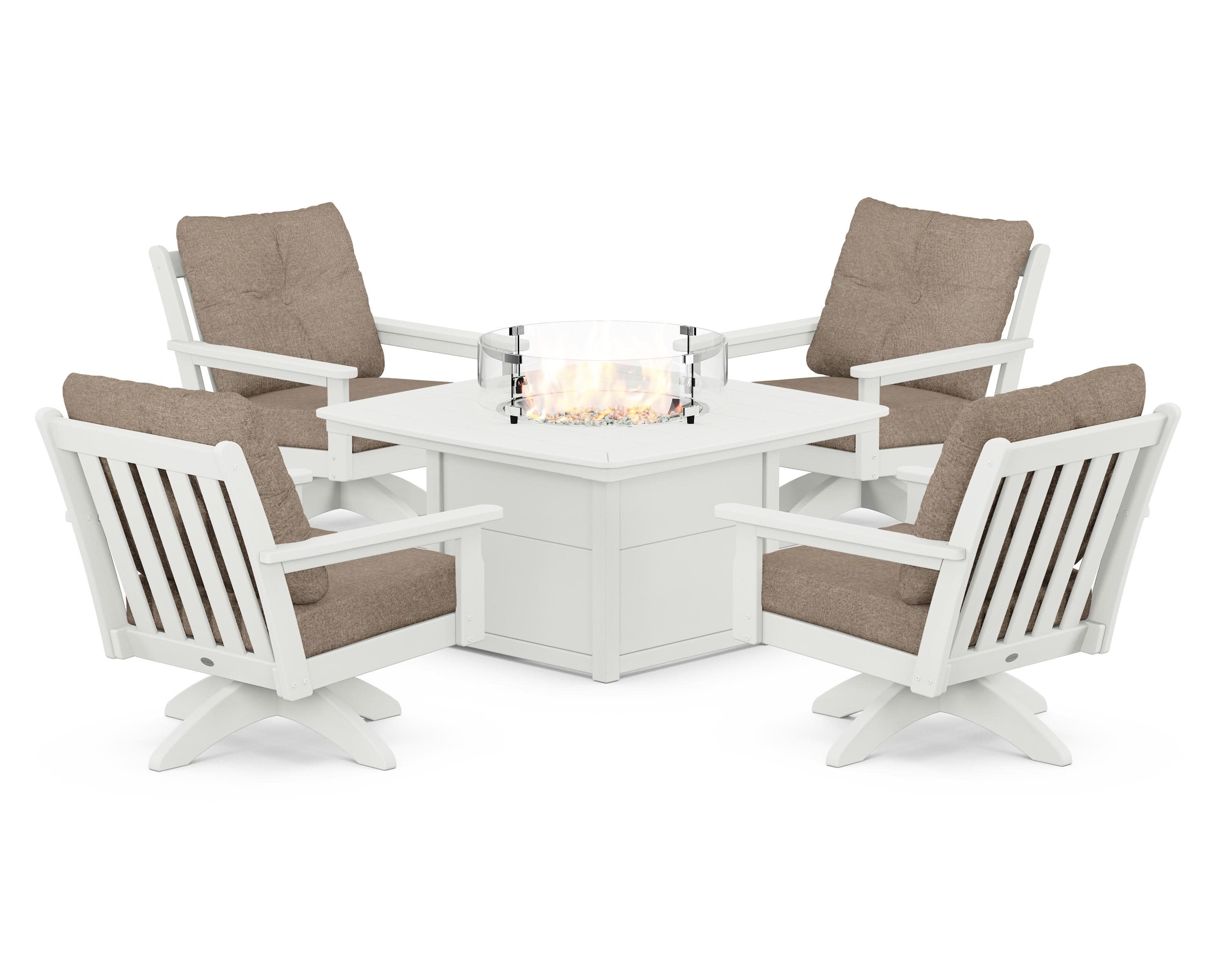 Vineyard 5-Piece Deep Seating Swivel Conversation Set with Fire Pit Table in Vintage White / Spiced Burlap