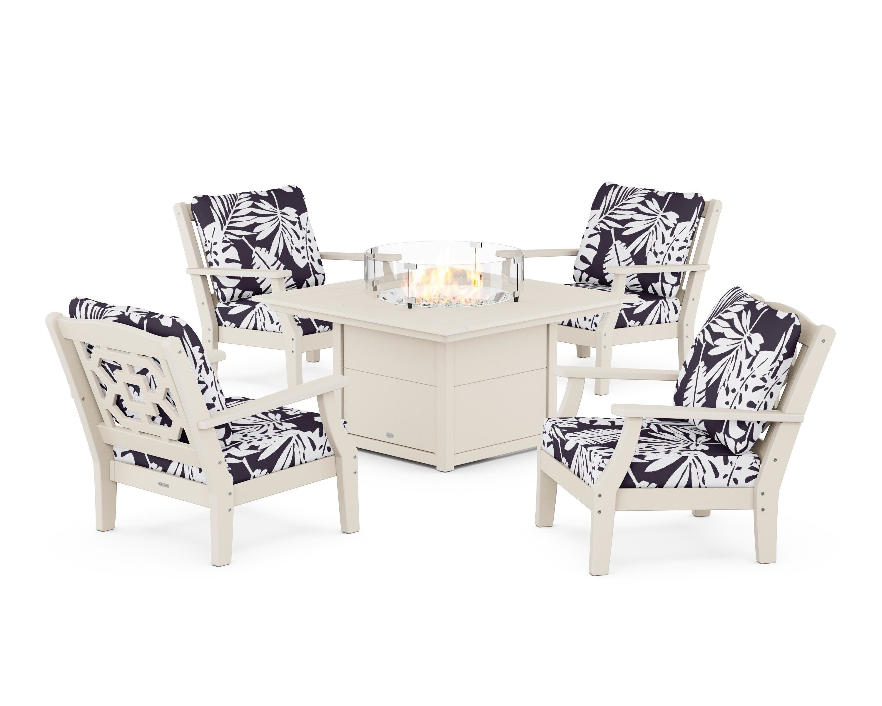 Chinoiserie 5-Piece Deep Seating Set with Fire Pit Table in Sand / Leaf Navy
