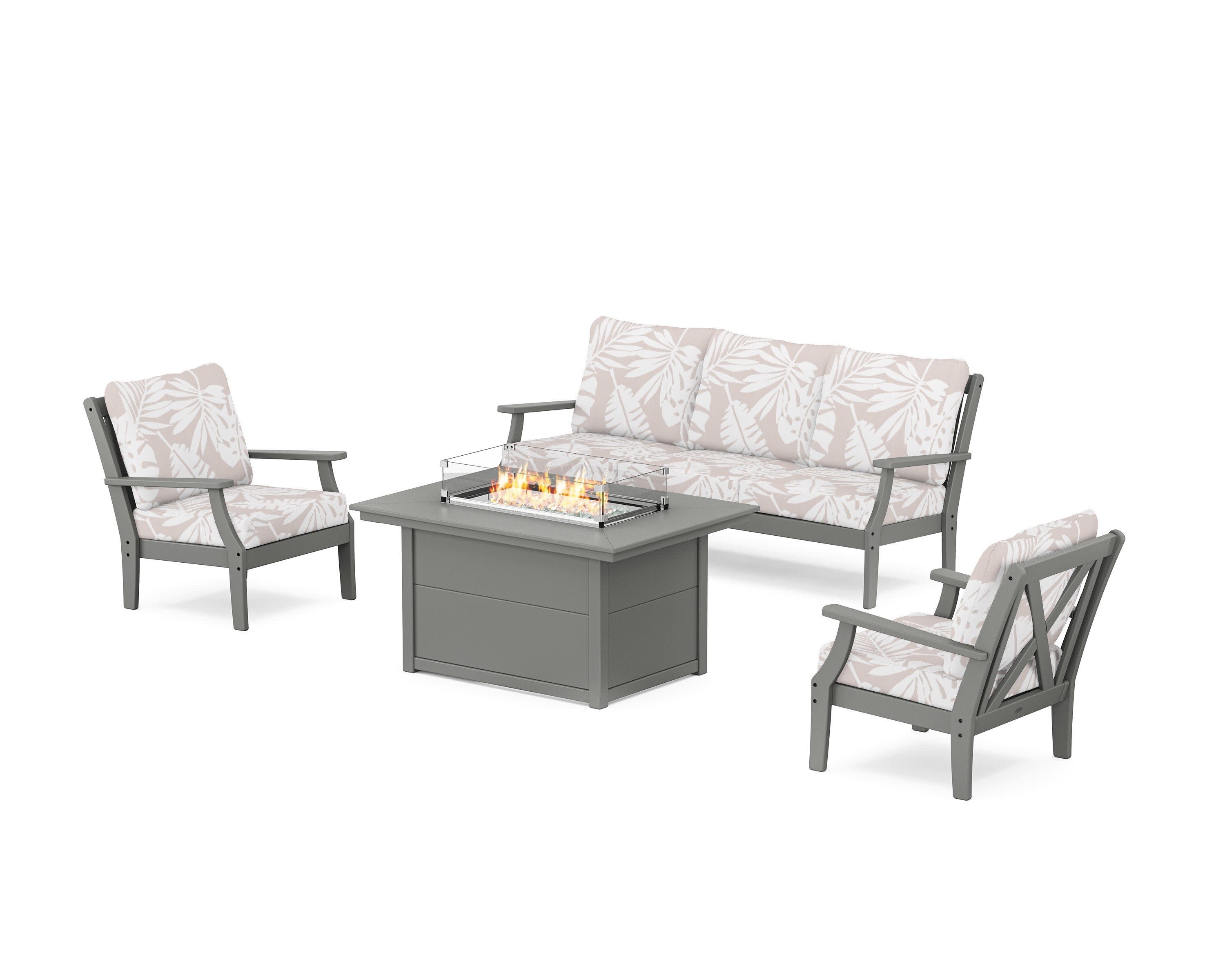 Braxton Deep Seating Fire Pit Table Set in Slate Grey / Leaf Dune Burlap