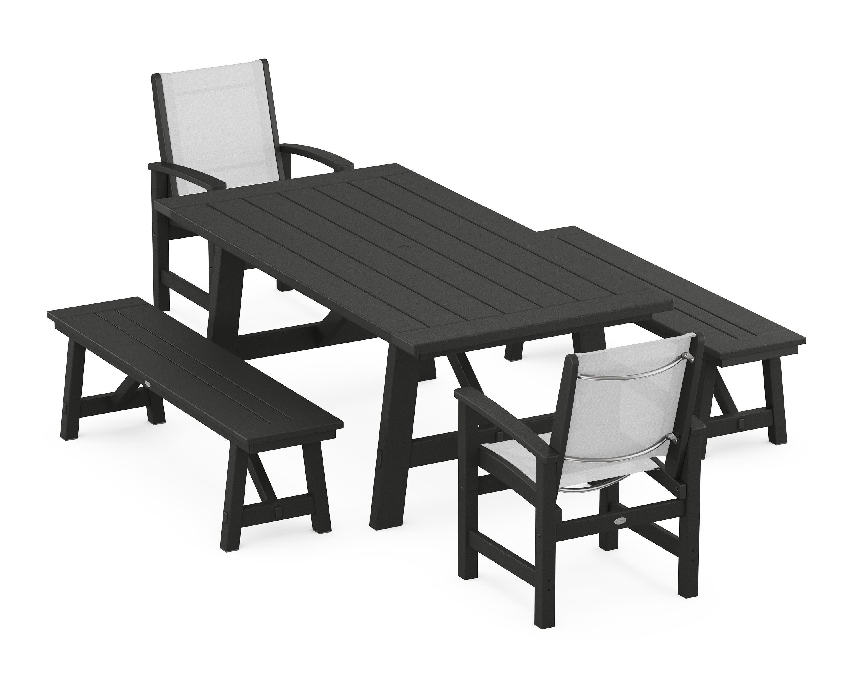 Coastal 5-Piece Rustic Farmhouse Dining Set With Benches in Black / White Sling