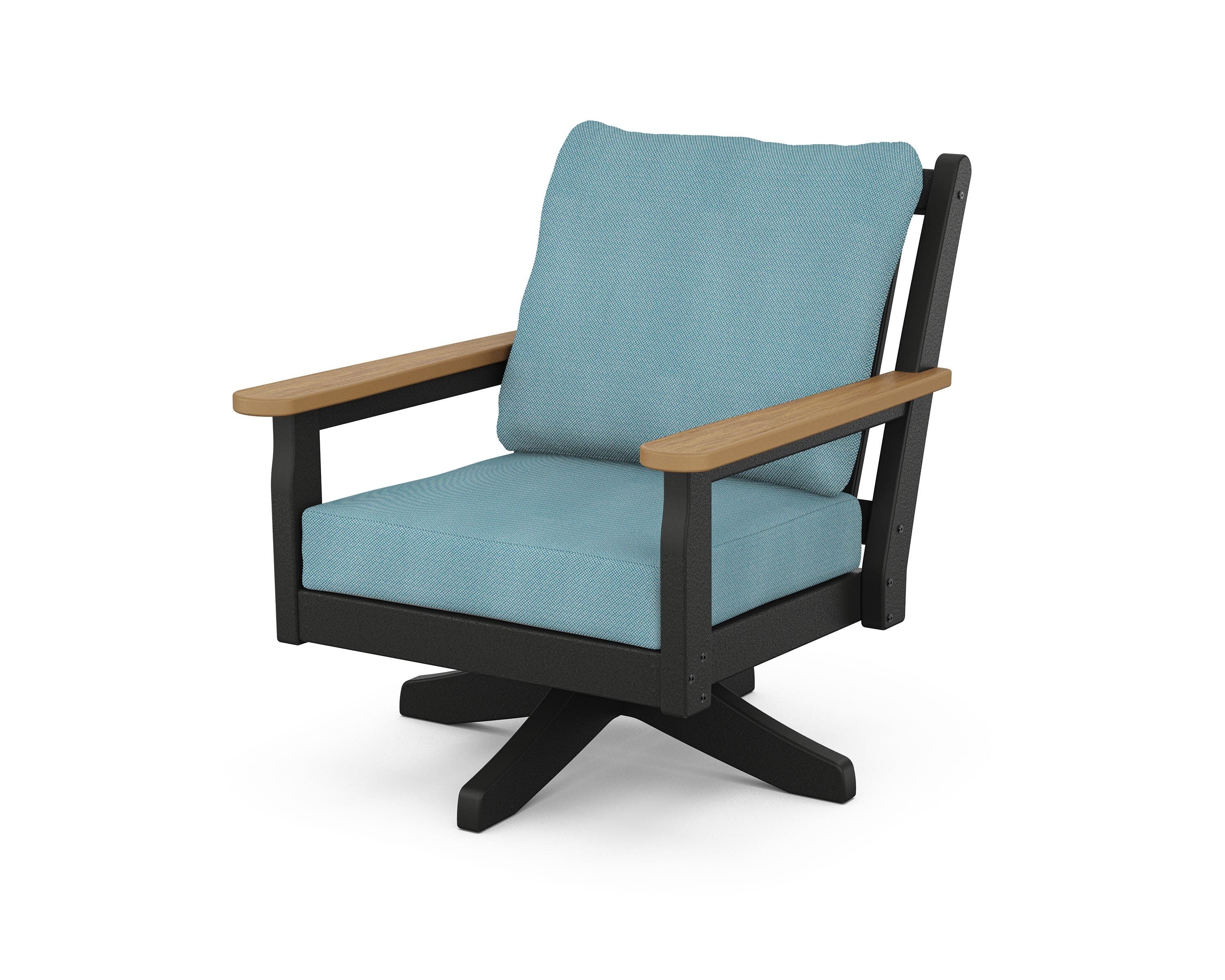 Chippendale Deep Seating Swivel Chair in Black / Natural / Lattice Sky Blue