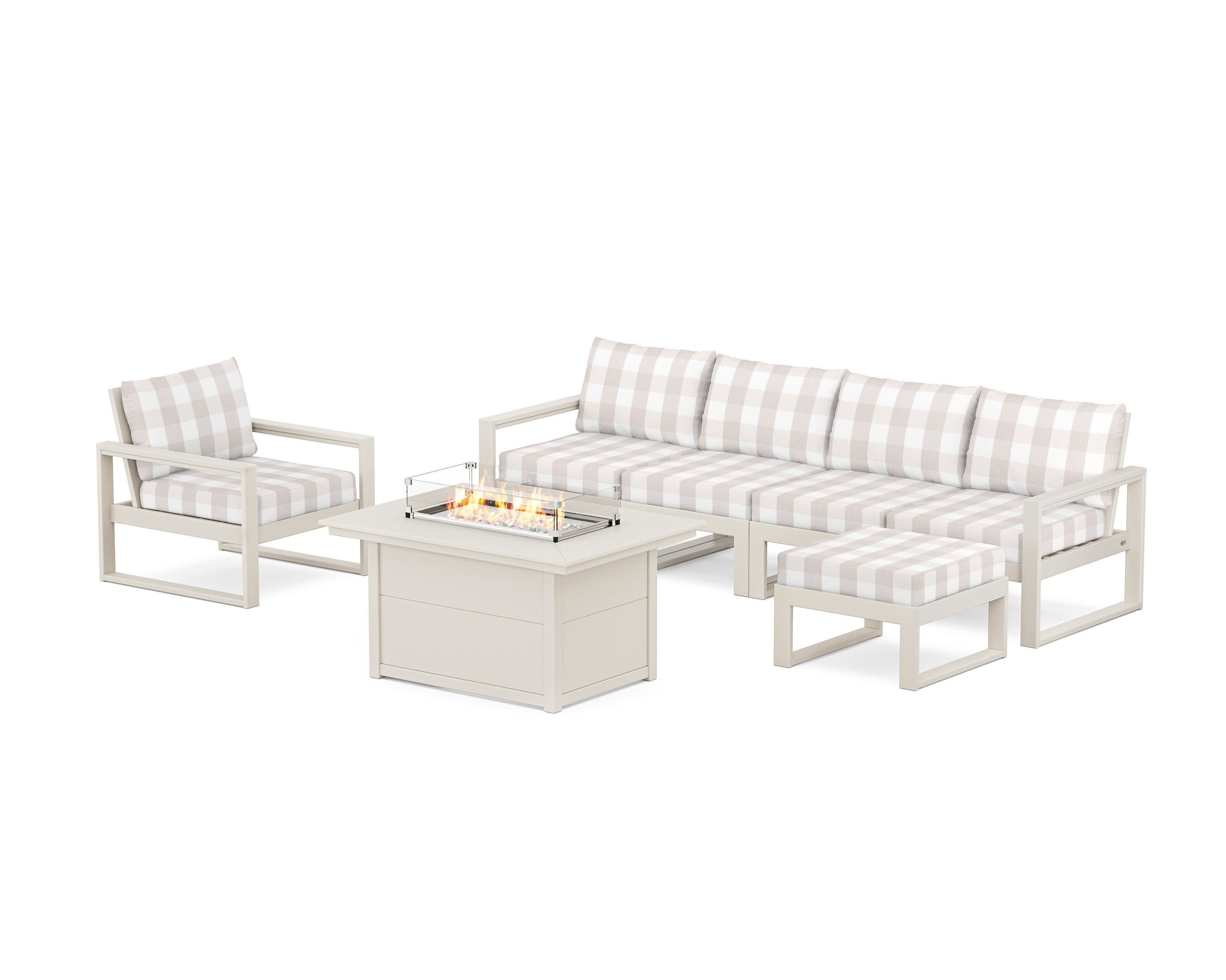 EDGE Sectional Lounge and Fire Pit Set in Sand / Buffalo Plaid Dune Burlap