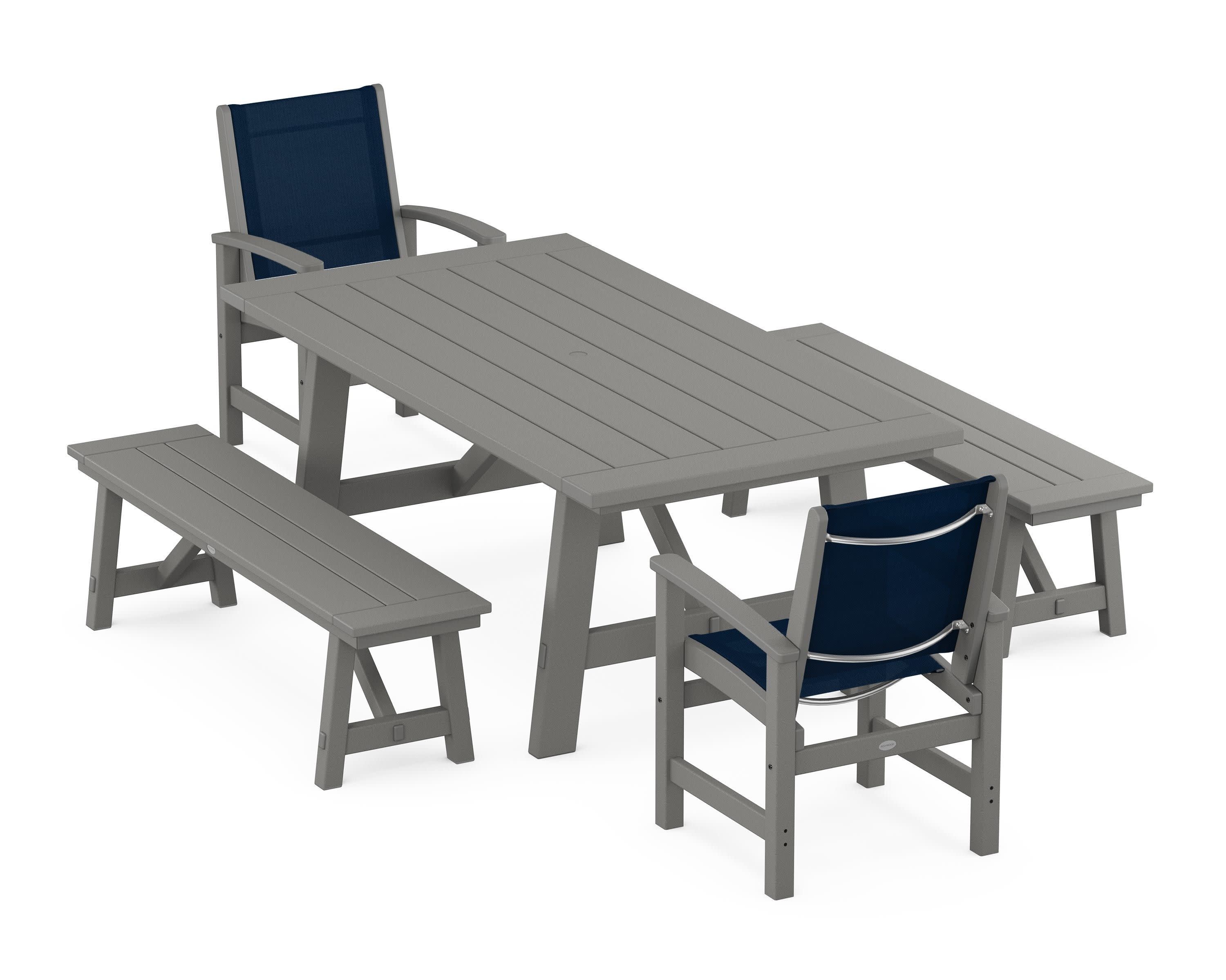 Coastal 5-Piece Rustic Farmhouse Dining Set With Benches in Slate Grey / Navy Blue Sling